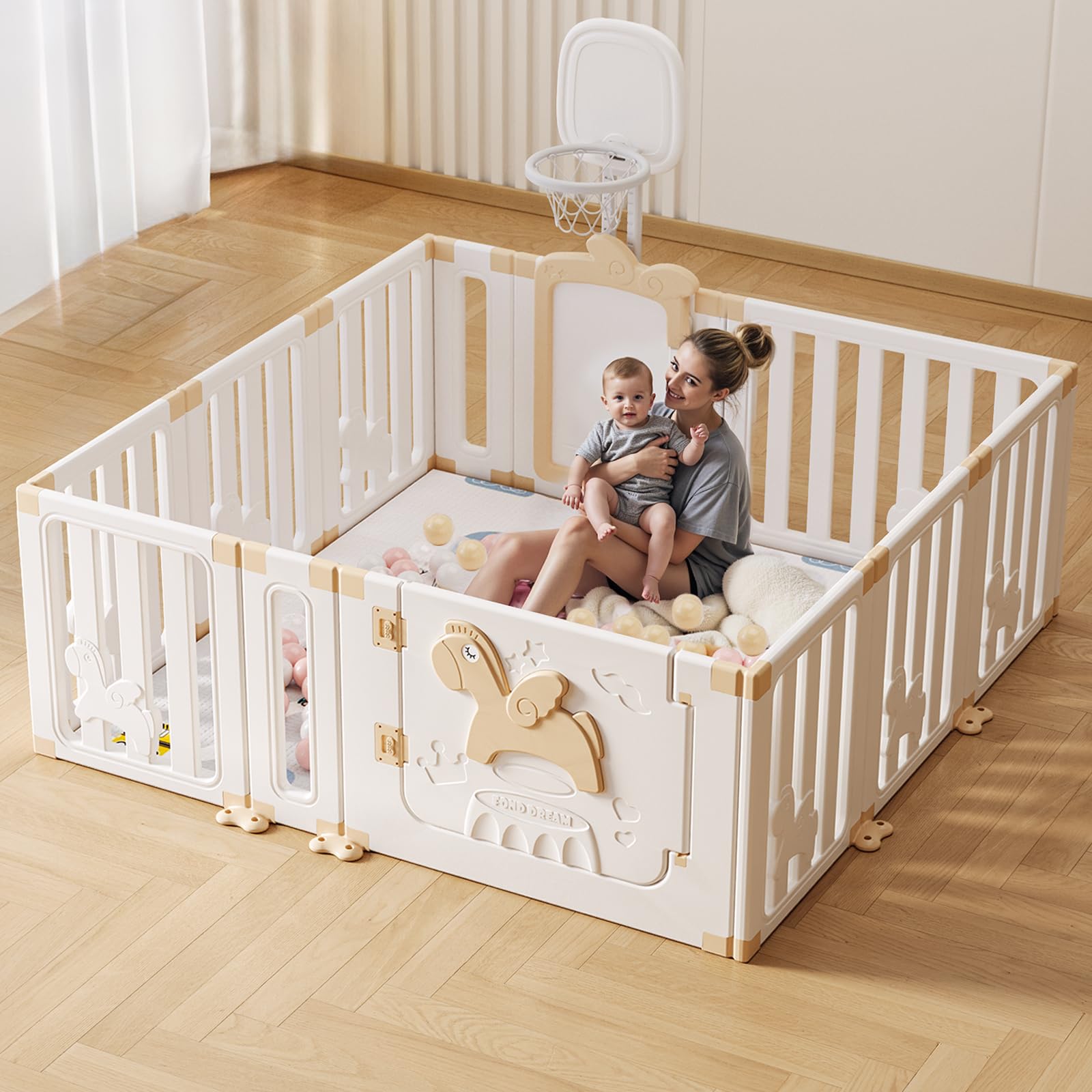 UBRAVOO Parc bébé avec panier de basket, parc de jeu sécurisé Angel Horse avec tableau blanc et 30 balles de piscine colorées, intérieur ou extérieur (kaki, 12 panneaux)