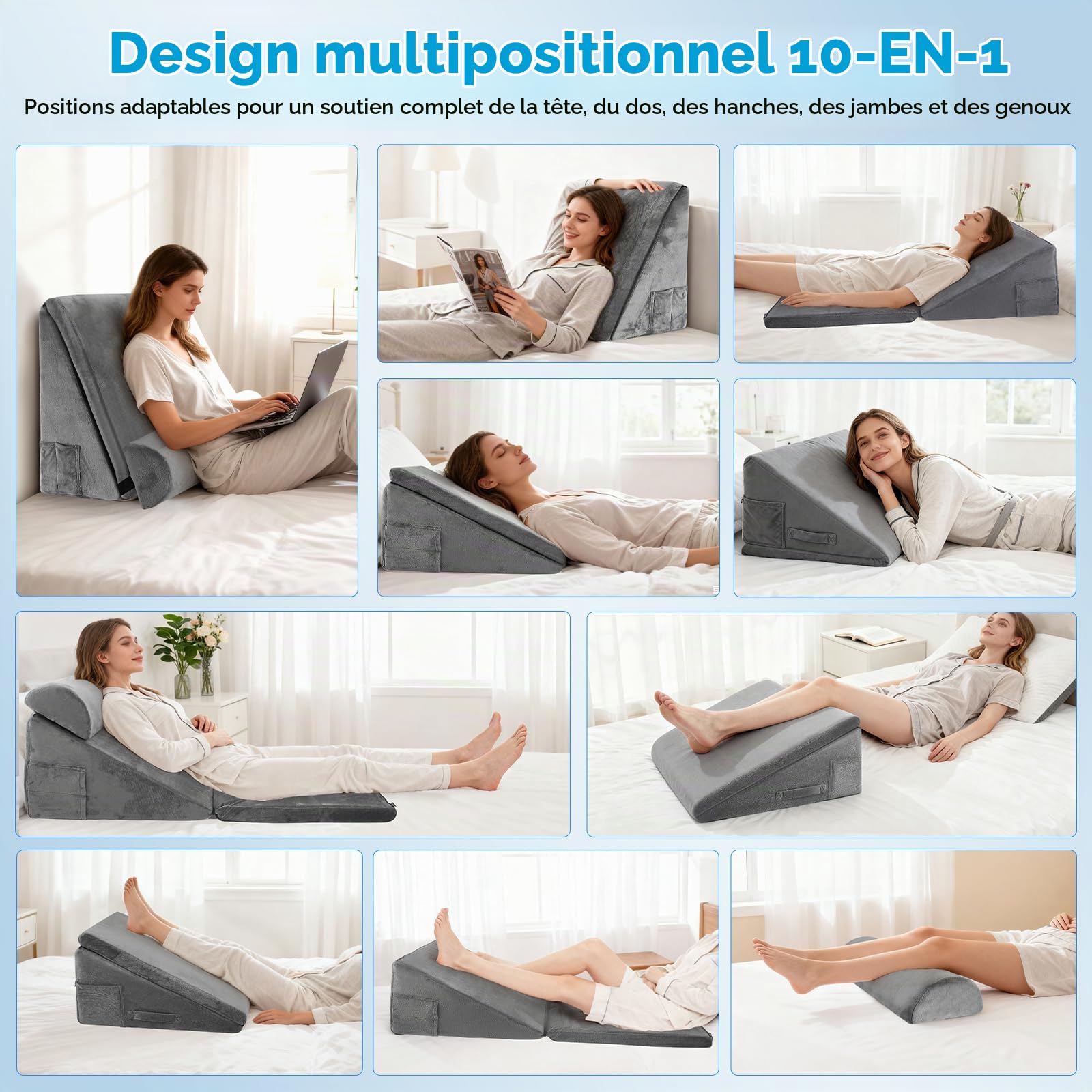 Coussin incliné pour lit, Coussin tTriangulaire en Mémoire de Forme pour l'apnée du Sommeil, Coussin de Lecture pour Lit pour l'apnée du Sommeil, Reflux Acide, l'élévation des Jambes, Gris