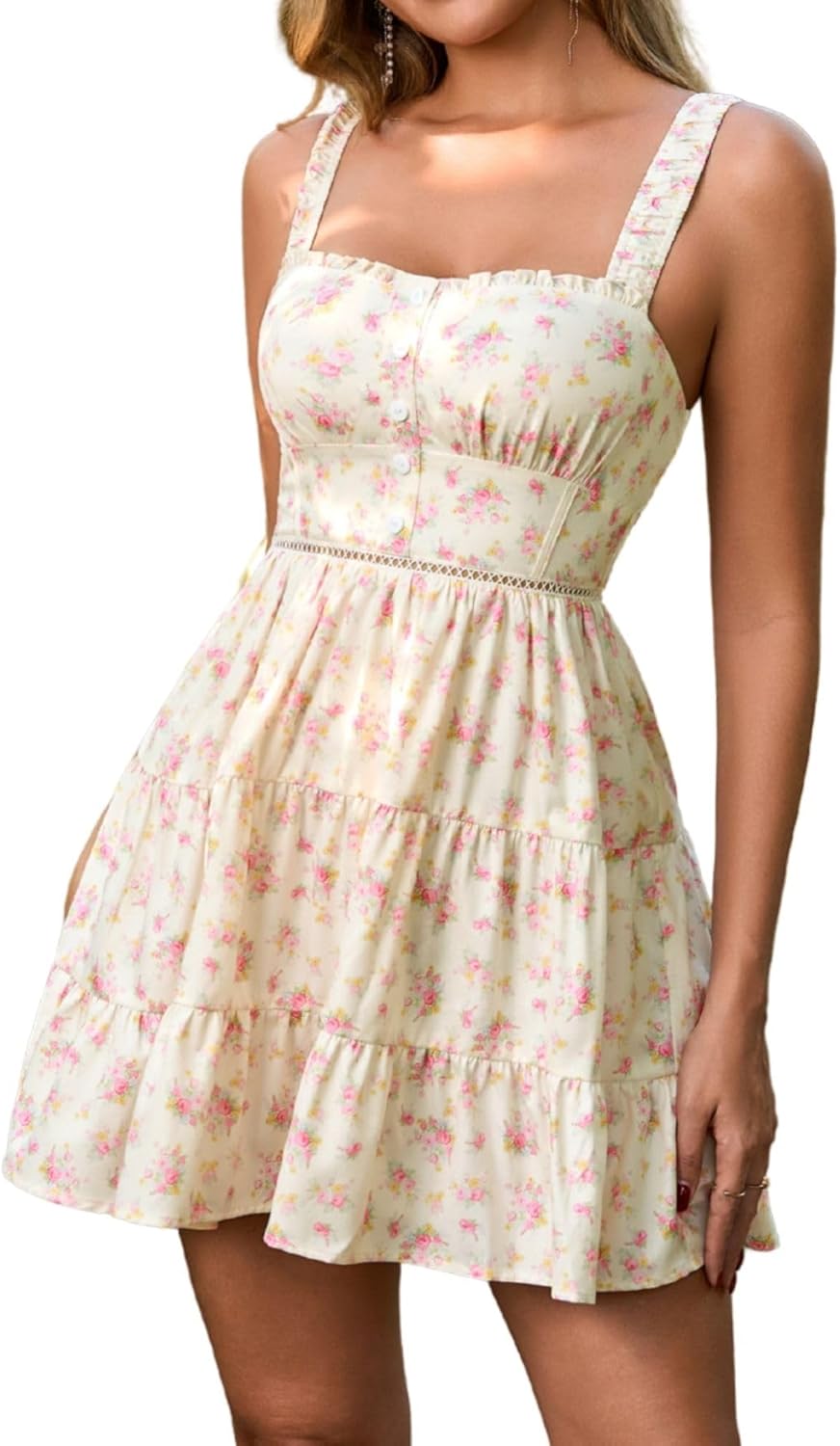 Parthea Summer Women Floral Square Neck Corset Mini Dress Smocked Ruffle Lace A Line Garden Party Short Dresses