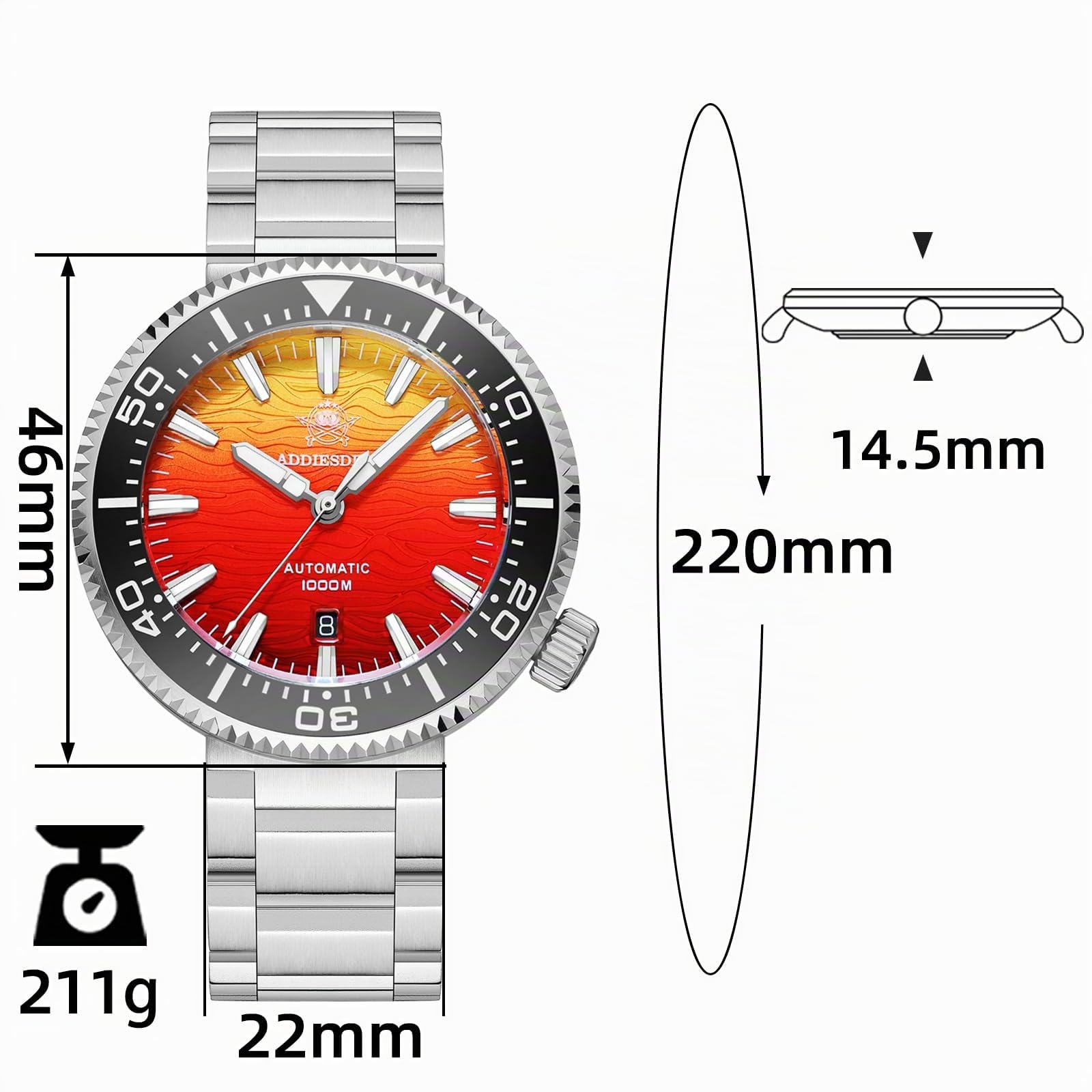 ADDIESDIVE Orologio Subacqueo 1000 M Impermeabile 8215 Automatico Valvola di Escape dell'Elio,Quadrante con Gradiente Zaffiro Sintetico Luminoso AD2526