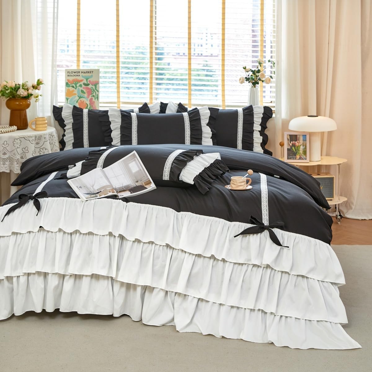 Black Ruffle Duvet Cover Queen Washed Microfiber Farmhouse Shabby Boho Chic Bedding Comforter Quilt Cover 3 Pieces Vintage Aesthetic French Country Queen Bed Set Extra Soft Breathable
