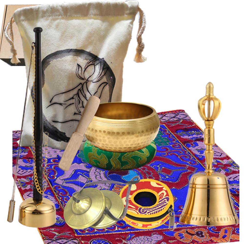 8Pcs Tibetan Buddhist Meditation Set,3.1in Singing Bowl,7.5in Brass Bell Dorje Vajra,2.5in Tingsha Cymbals Bells,Singing Scripture Implement Buddhist Supplies,Tibetan Dharma Mat and Zen Bag,HDRELEODY