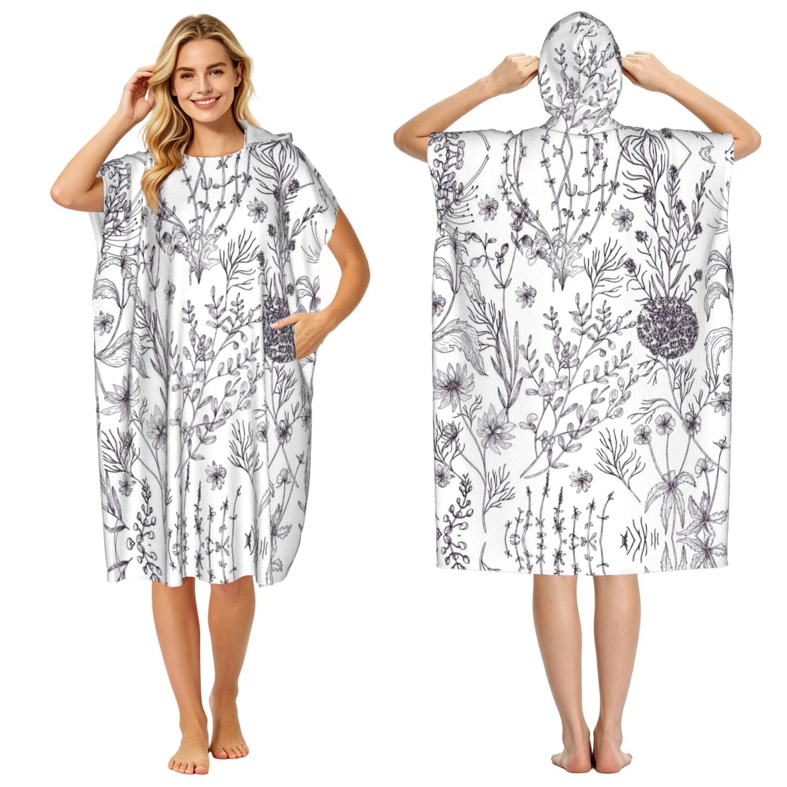 EZDLOWVBA Flowering Herbs And Herbaceous Plants Print Hooded Poncho Microfiber Beach Towel,Adult Women & Men Changing Robe,Lightweight Summer Surf Swim Bath Poncho Towel