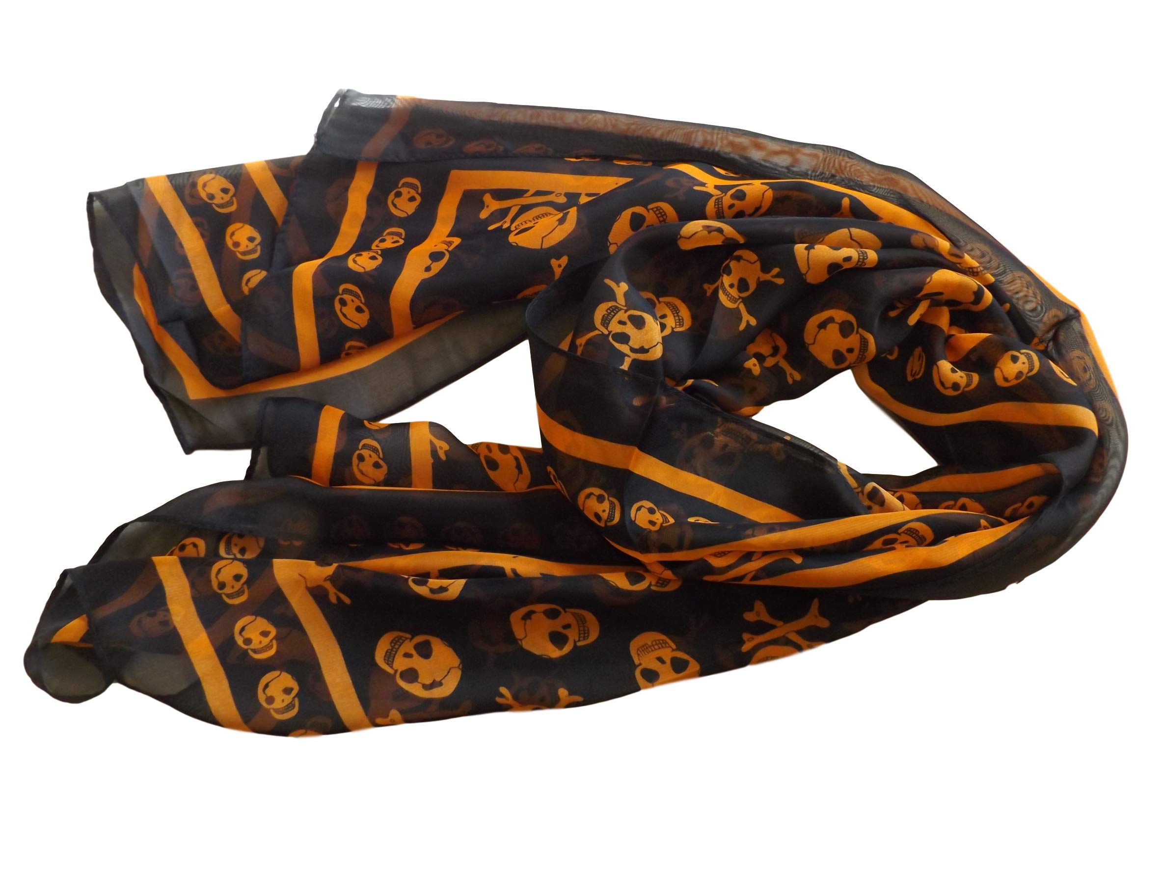 Fat-catz-copy-catz Orange/Black Chiffon Feel Skull & Cross Bone Ladies Scarf, shawl, Wrap