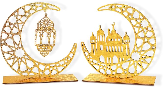 Wooden Ramadan Decorations Islamic Decor Umrah Mubarak Eid Moon Table Signs with Golden Moon and Hollow Star Ornaments for Muslim Party and Home Decor