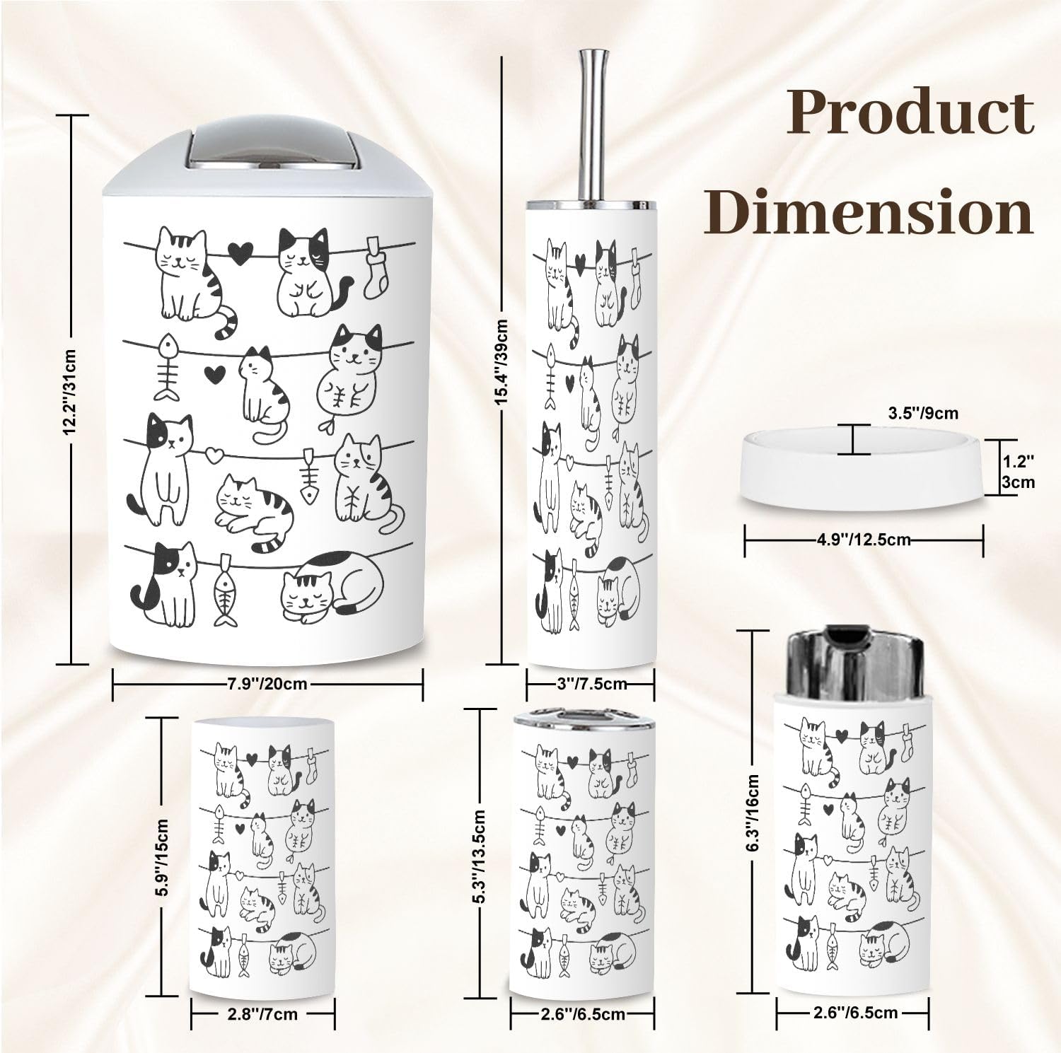 Bathroom Accessory Set 6 Piece Hanging Cute Cats Doodle Hand Drawn Toothbrush Cup Toothbrush Holder Soap Dispenser Soap Dish Trash Can with Lid Toilet Brush Holder Counter Decor