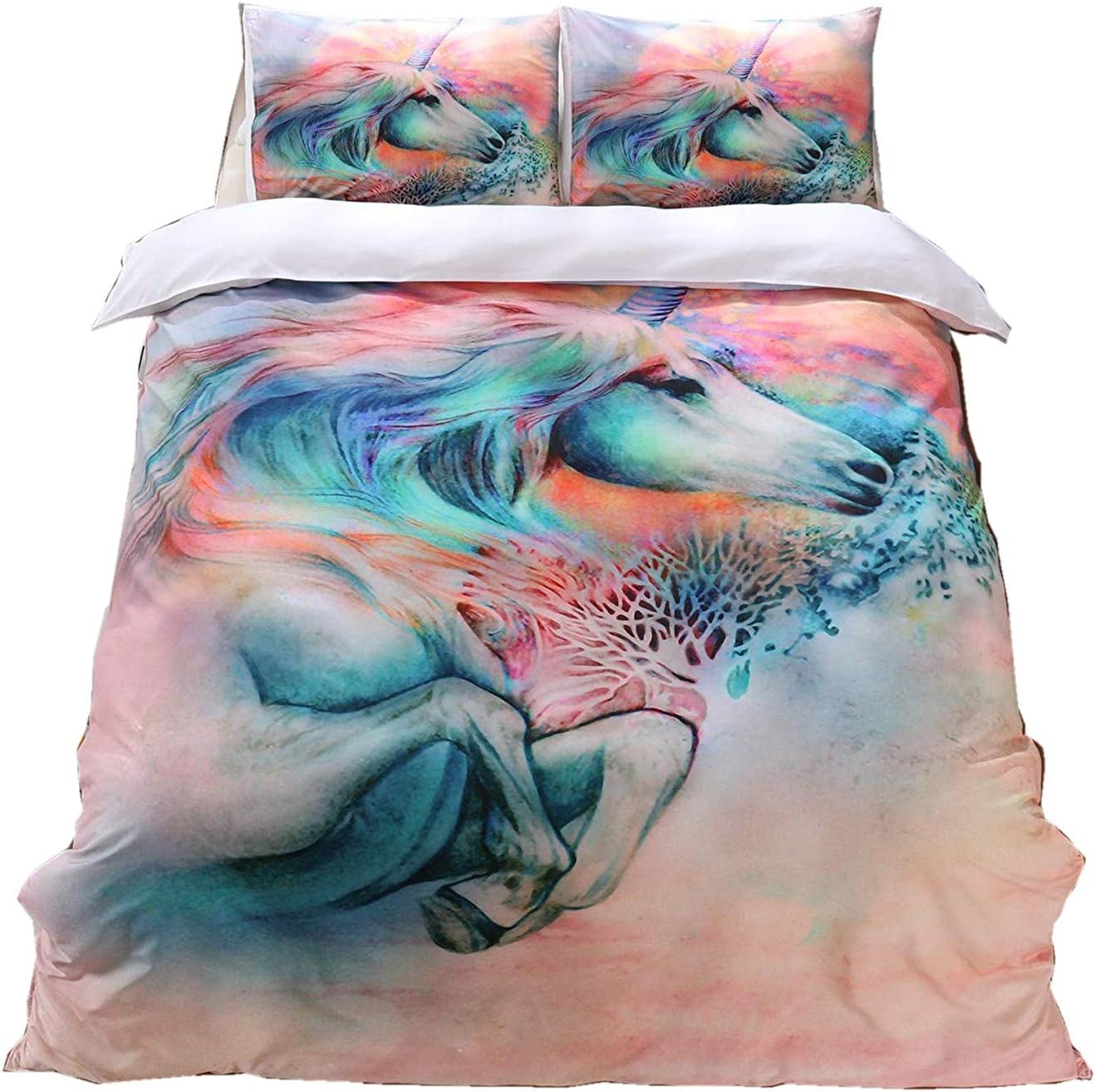 Meeting Story 3PCS Animals Unicorn Printed Duvet Cover Set, Microfiber Bedding Set (Queen, Unicorn)
