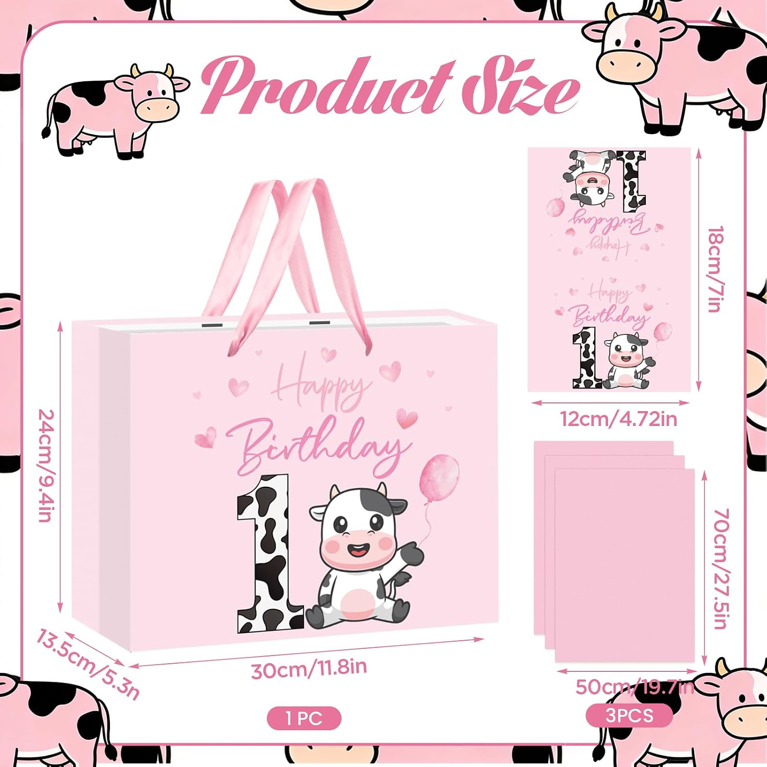 TagreSpike Cow 1st Birthday Gift Bag A Little Cow Gift Bag with Card and Tissue Paper Large Pink First Birthday Wrapping Paper Bag for Girls Newborn Baby Shower First Bday Party Supplies