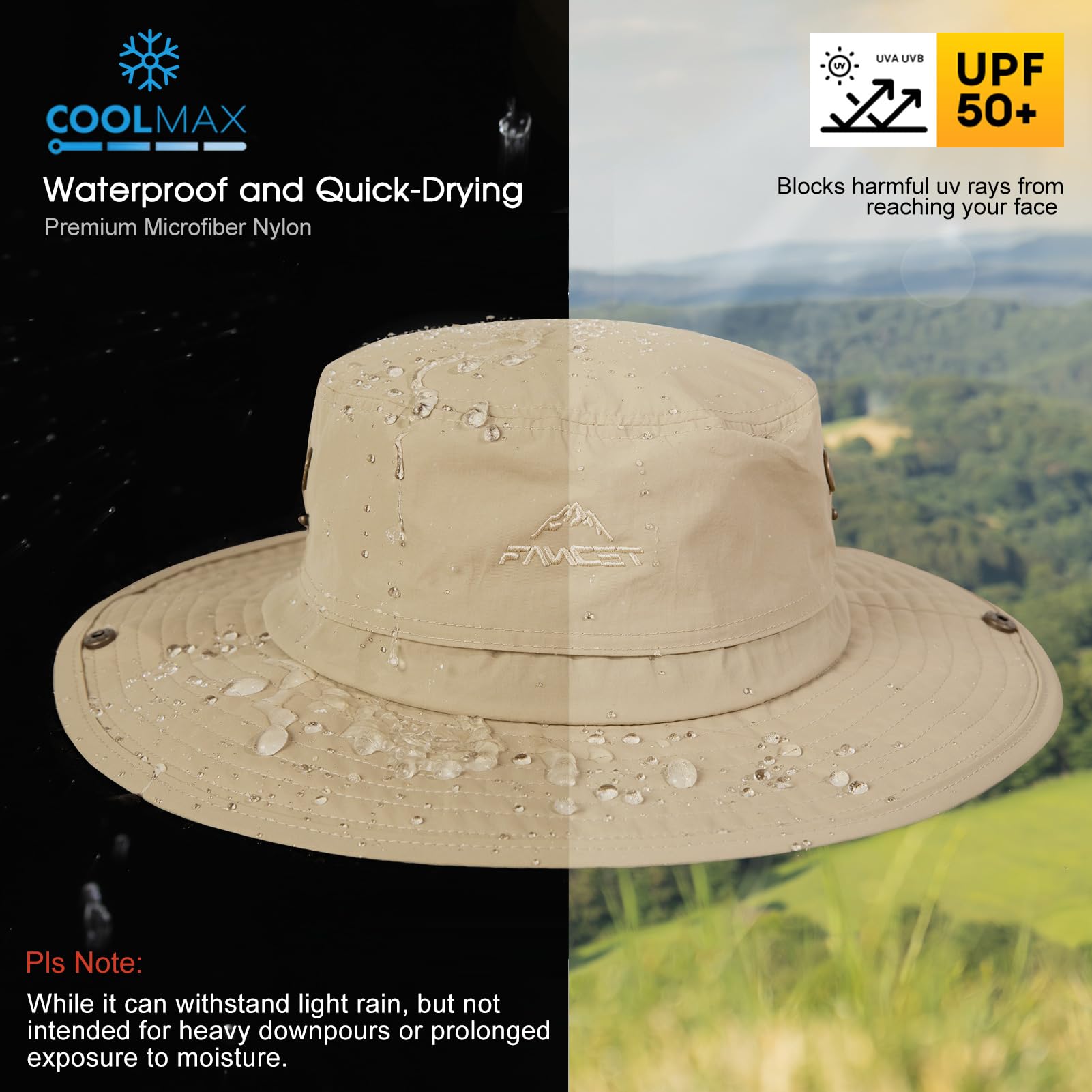 TOP-EX UVCoolix™ Chapeau de soleil unisexe UPF 50+ avec protection de la nuque, chapeau d'extérieur imperméable pour randonnée et pêche, chapeau de safari rafraîchissant avec large bord, respirant