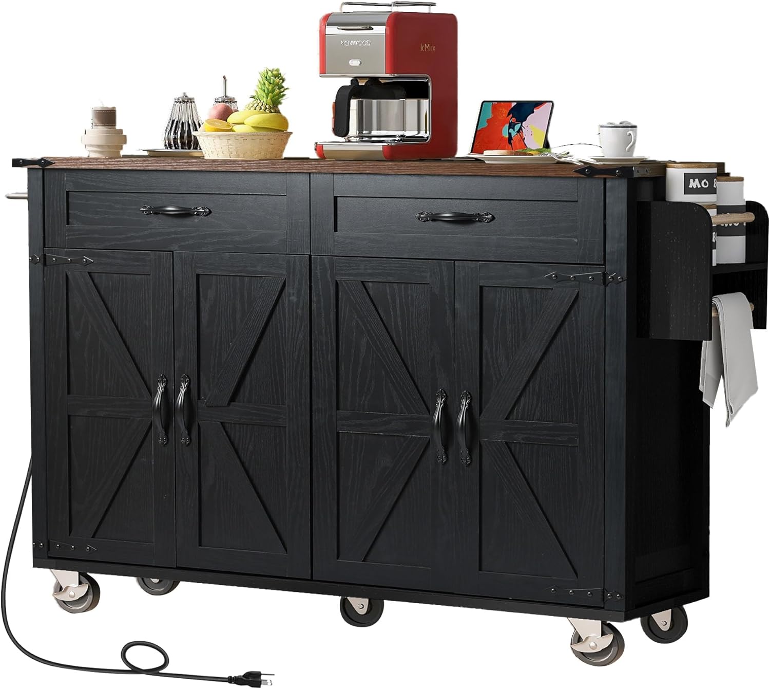 Kitchen Island with Storage, Rolling Kitchen Island Cart On Wheels with Power Outlet & Drop Leaf Countertop, Mobile Island Table For Kitchen with 2 Drawers 2 Cabinet, Spice Rack, Towel Rack, Black