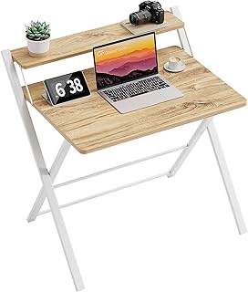 GreenForest Foldable Desk with Monitor Shelf,Small Size Computer Desk No-Assembly,Small Desk for Small Space,Oak