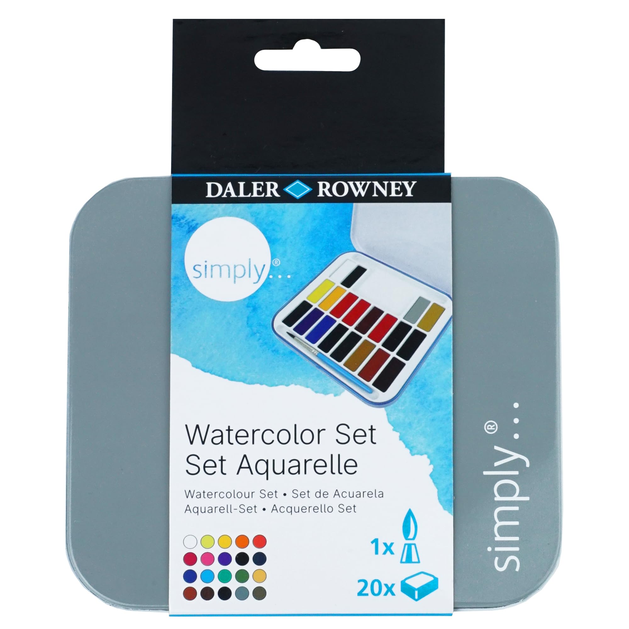 Daler-Rowney Simply Half Pan Watercolour Paint Set, 20 Assorted Colours, for Entry-Level Artists & Hobbyists