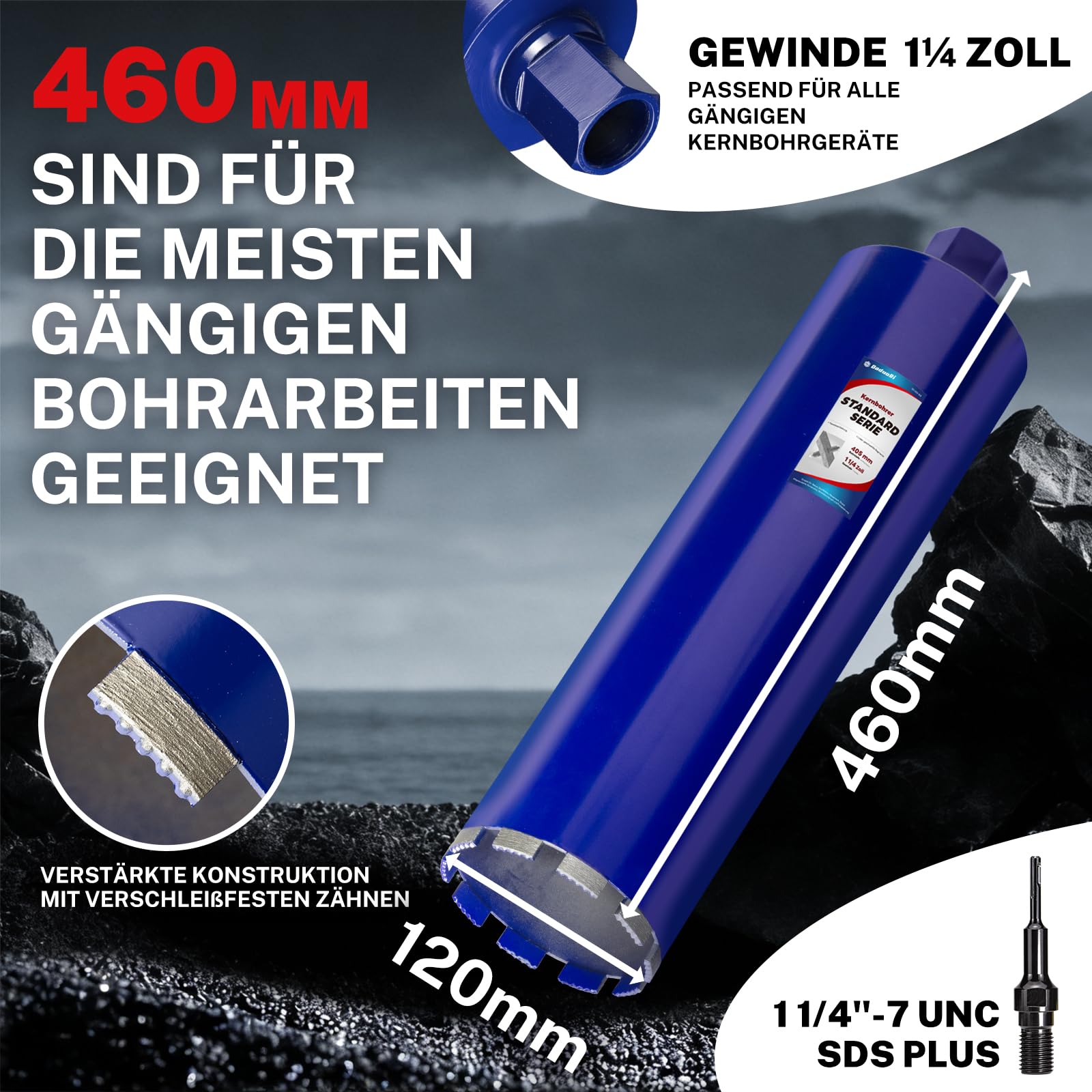 Wiertło rdzeniowe 120 mm z SDS Plus (1-1/4 cala) – głębokość cięcia 410 mm – wiercenie na mokro diamentowa koronka wiertnicza do betonu zbrojonego, muru, kamienia, cegły (łącznie 460 mm)