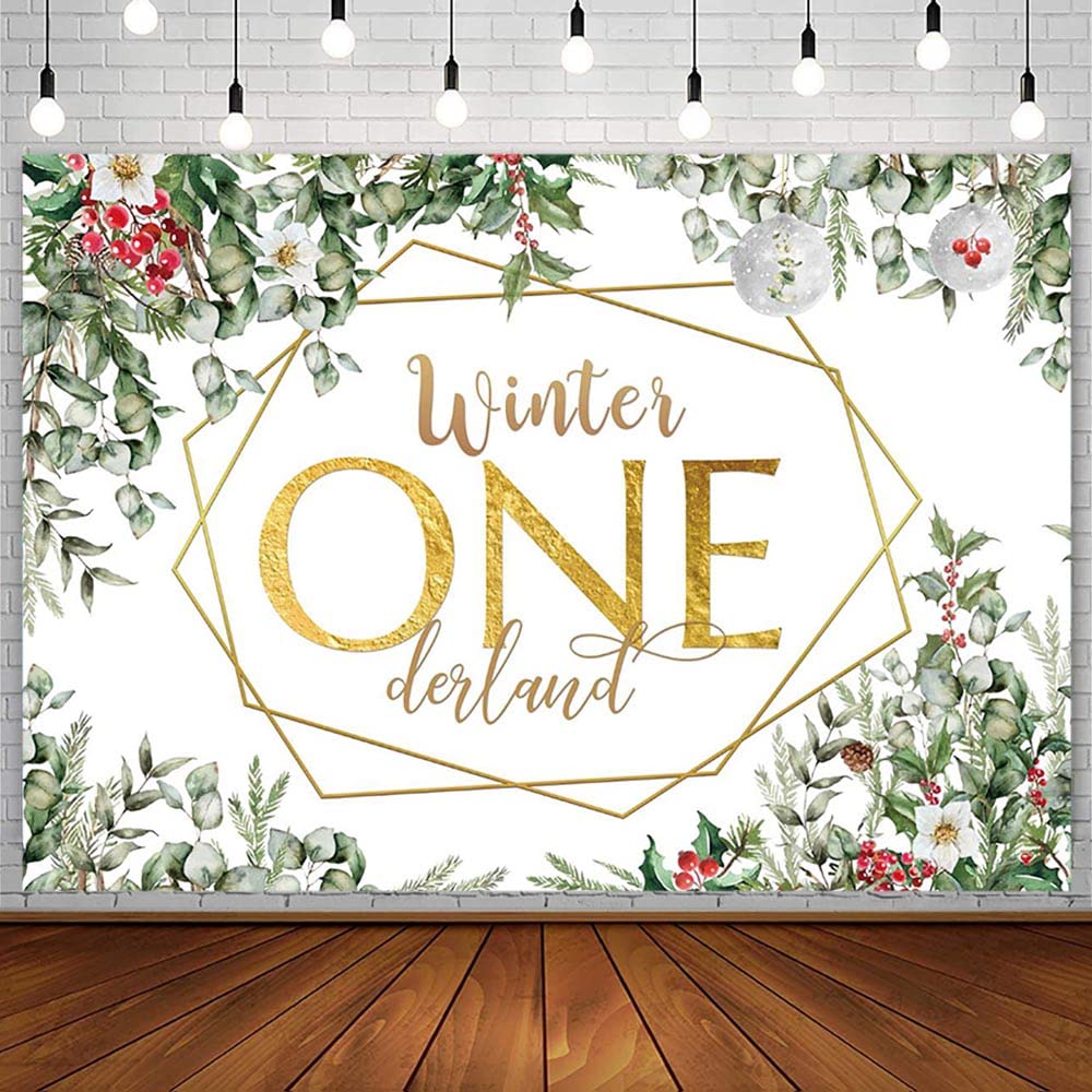 Photo 1 of AIBIIN 7x5ft Winter Onderland Backdrop for Kid Happy 1st Birthday Party Decorations Supplies Greenery Eucalyptus Red Berries Sweet One First Bday Photography Background Banner Cake Table Photo Props