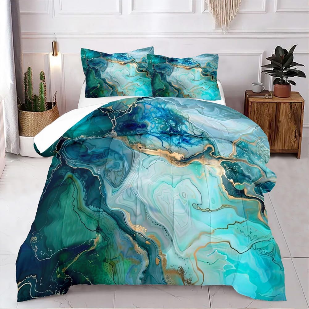 Turquoise Marble Comforter Set Queen Size Teal Blue Abstract Bedding Set Women Men Modern Aesthetic Comforters 3 Piece Gold Marbling Art Bed Sets Soft Lightweight Microfiber Comforter Sets - Image 2