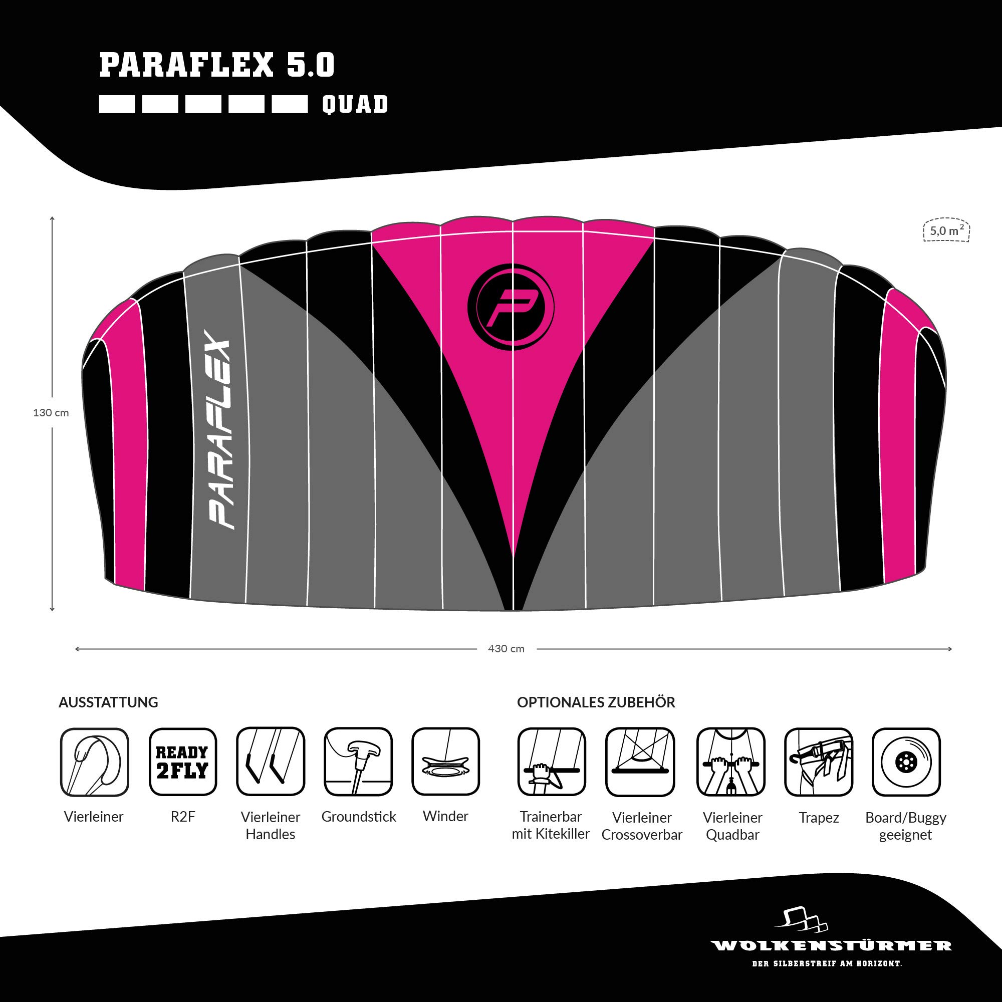 Wolkenstürmer Paraflex Quad 5.0, Alfombra de dirección de acción de 4 líneas - Cometa Asas - Opcional con Barra