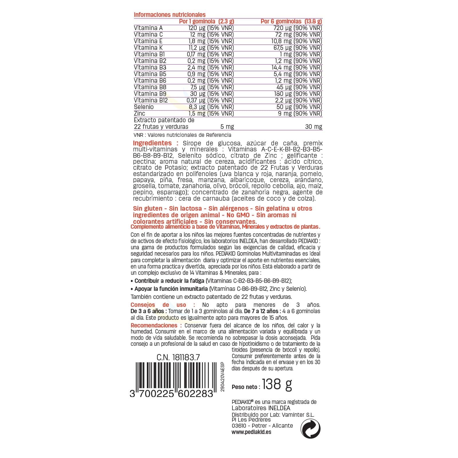 PEDIAKID - Gummies Multivitaminadas - Fórmula Natural con Delicioso Aroma de Cereza - Ayuda a Reducir la Fatiga - Refuerza las Defensas Naturales del Organismo - Lote de 3