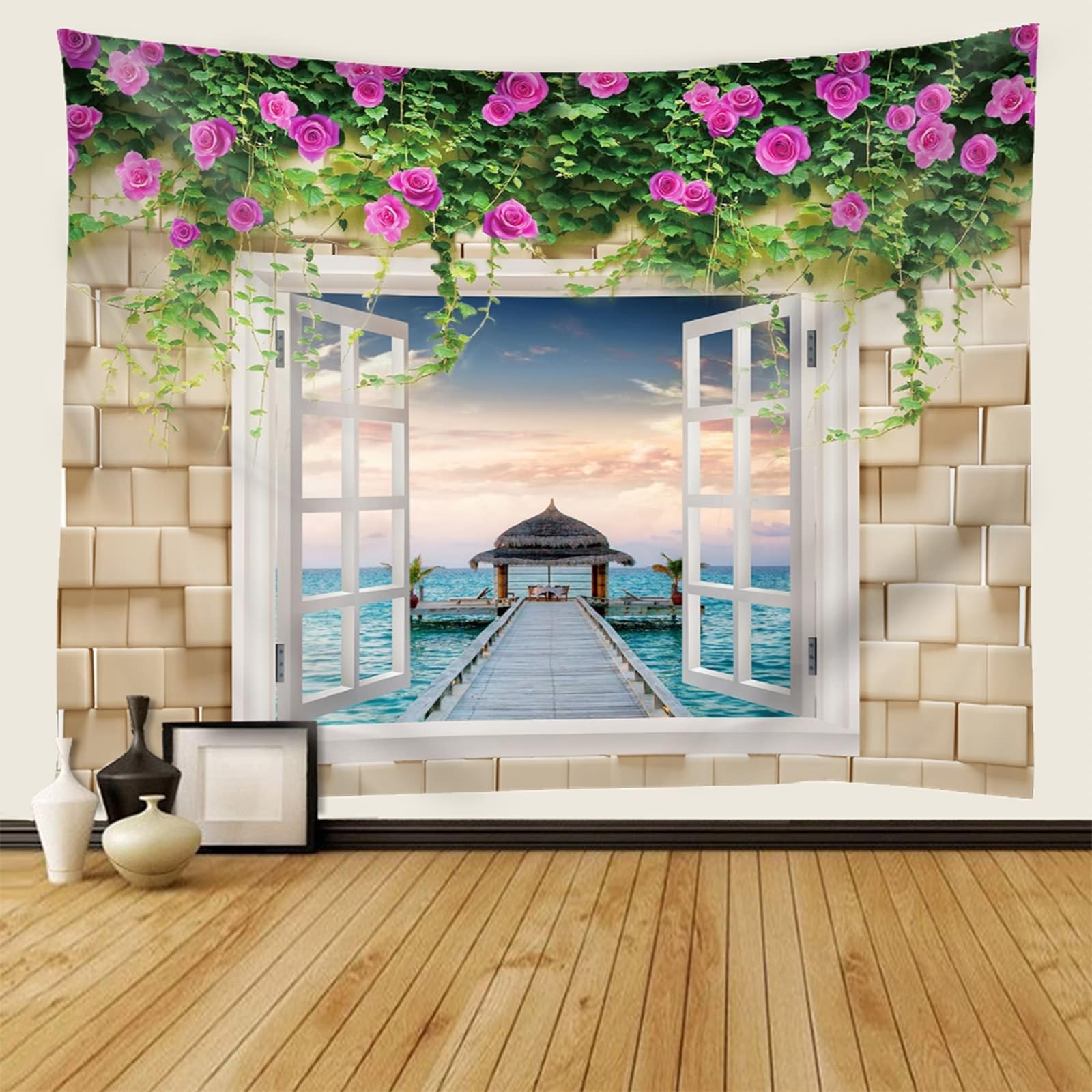Wandteppiche 350x256cm, Wandtuch Fenster Blumen Szenerie Meer Wandbehang Wanddeko 138" W x 101" H