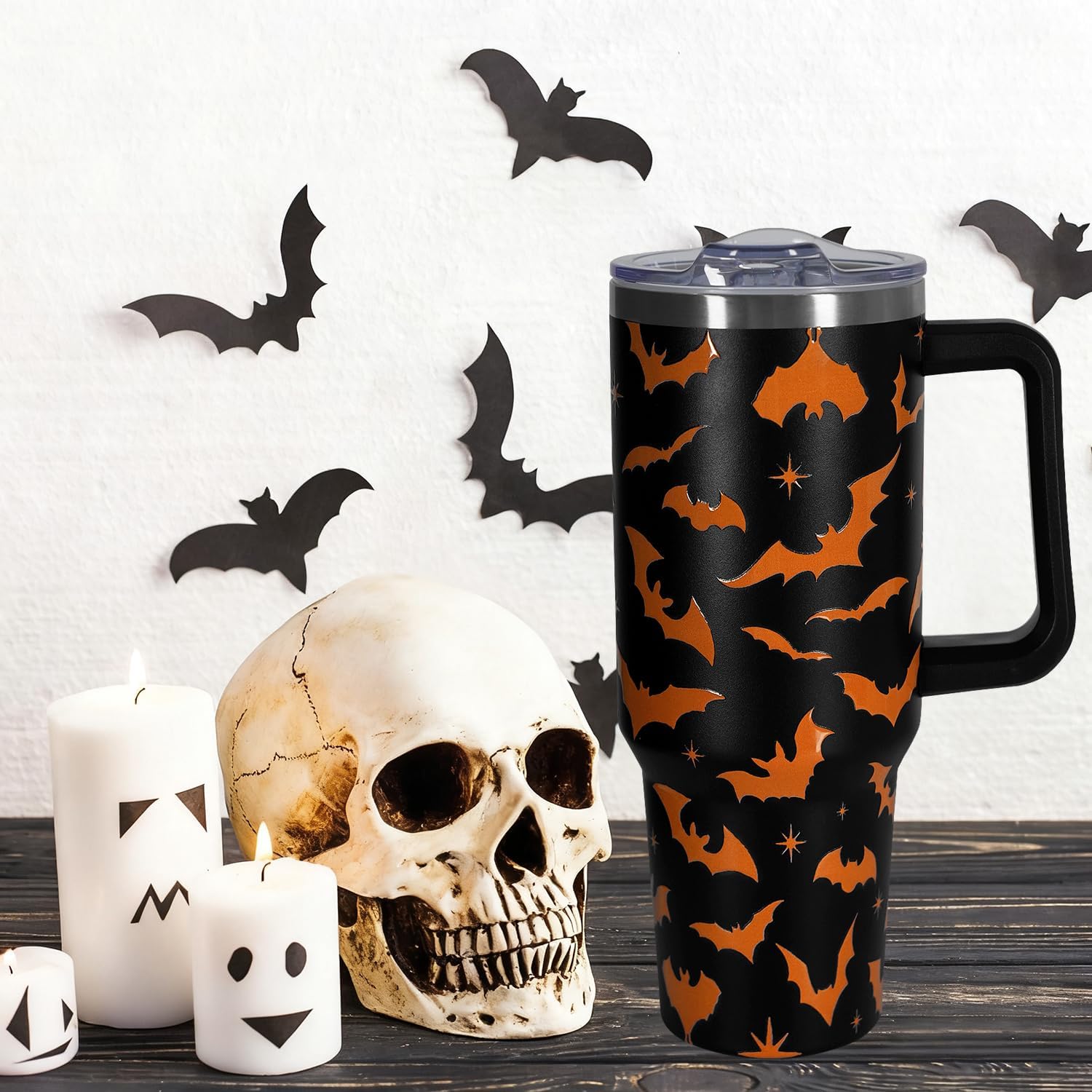 40 oz Halloween Tumbler With Handle Lid and Straw,5D Orange Bat Print Tumblers,Halloween Stainless Steel Insulated Travel Mug Black Coffee Cup Gifts for Women Men Adults - Image 5