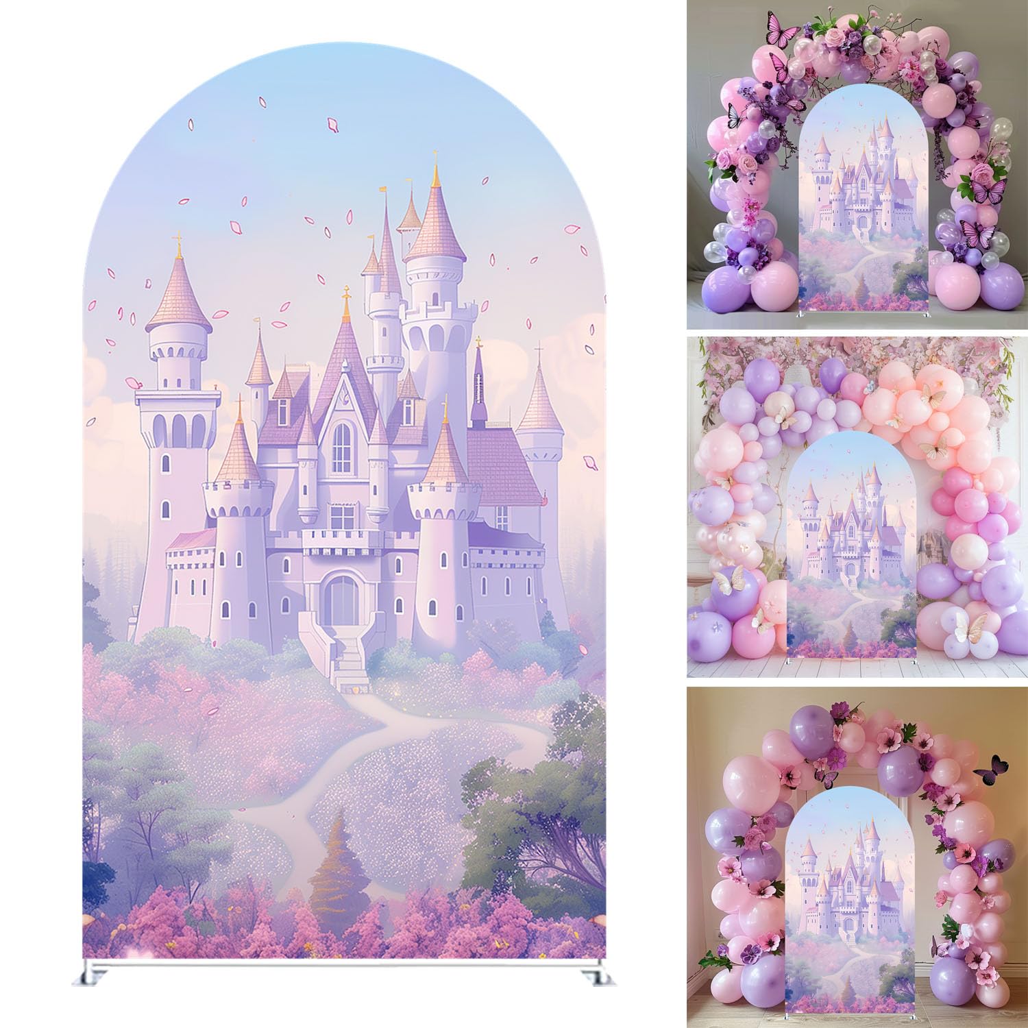 Dreamy Castle Arch Backdrop Cover Fantasy Princess Castle and Floral Design for Birthday, Wedding Fairy Tale Party Decoration Elastic Spandex Cover (G