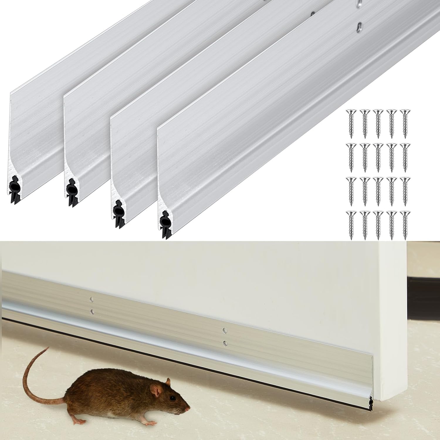 Gisafai 4 Pcs 36'' Metal Door Draft Stopper, Aluminum Door Sweep Mouse Stopper Mice Seal Strip, Noise Blocker Sweep for Keep Rodents Pests Out, Enhanced Weather Sealing, Easy to Install (Silver) 4 Silver
