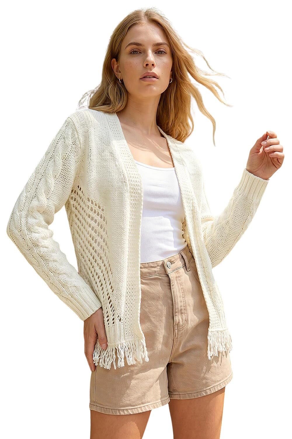 Roman Originals Lightweight Fringe Hem Knit Cardigan for Women UK - Ladies Everyday Holiday Spring Summer Comfy Soft Evening Vacation Work Party - Ivory - Size 14