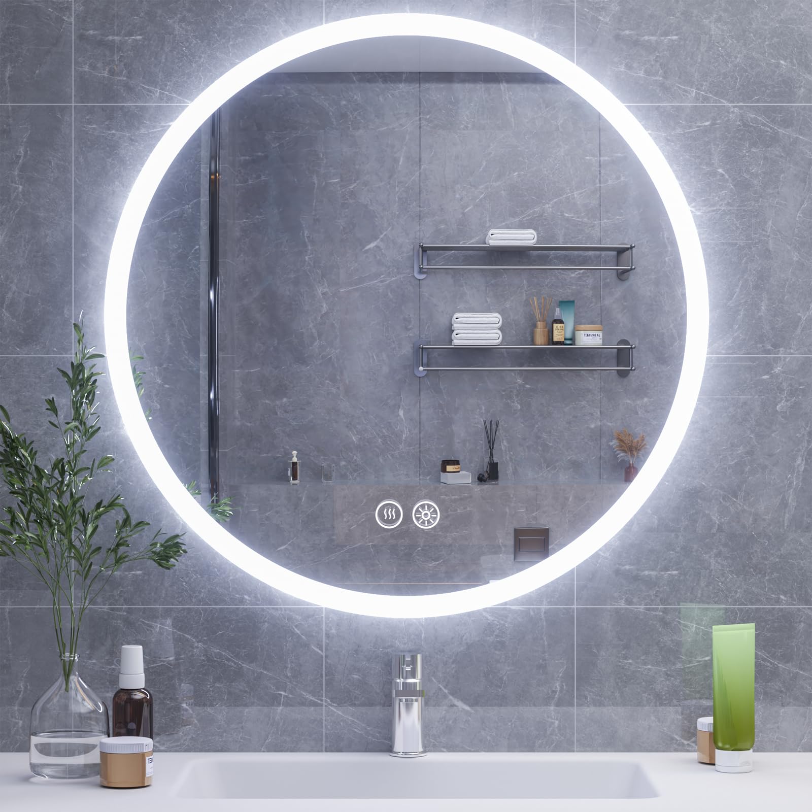 HySail Badspiegel mit Beleuchtung, 5mm Hochauflösender Silber-Spiegel, 3 Farbtemperaturen & Dimmbare Helligkeit, Wandspiegel mit Touch-Schalter & Anti-Beschlag, Rund