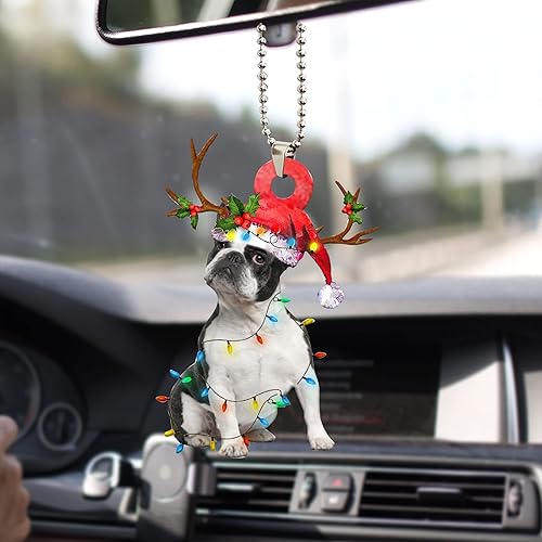 Miniatura 6 de Talataca Boston Terrier con sombrero de Navidad, renos con tira de luces 2D plana para espejo retrovisor para automóvil, accesorios para el árbol de