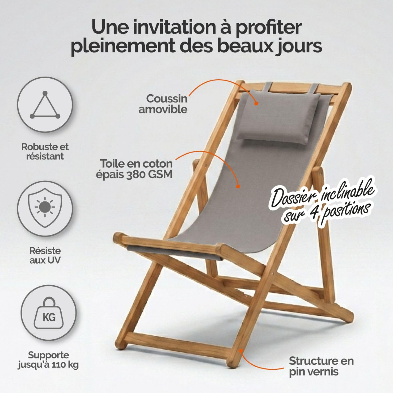 Linxor - Chaise Longue Pliante en Bois, transat de Jardin, de Plage, chilienne inclinable 4 Positions - Toile Coton 380 GSM - Plusieurs Coloris