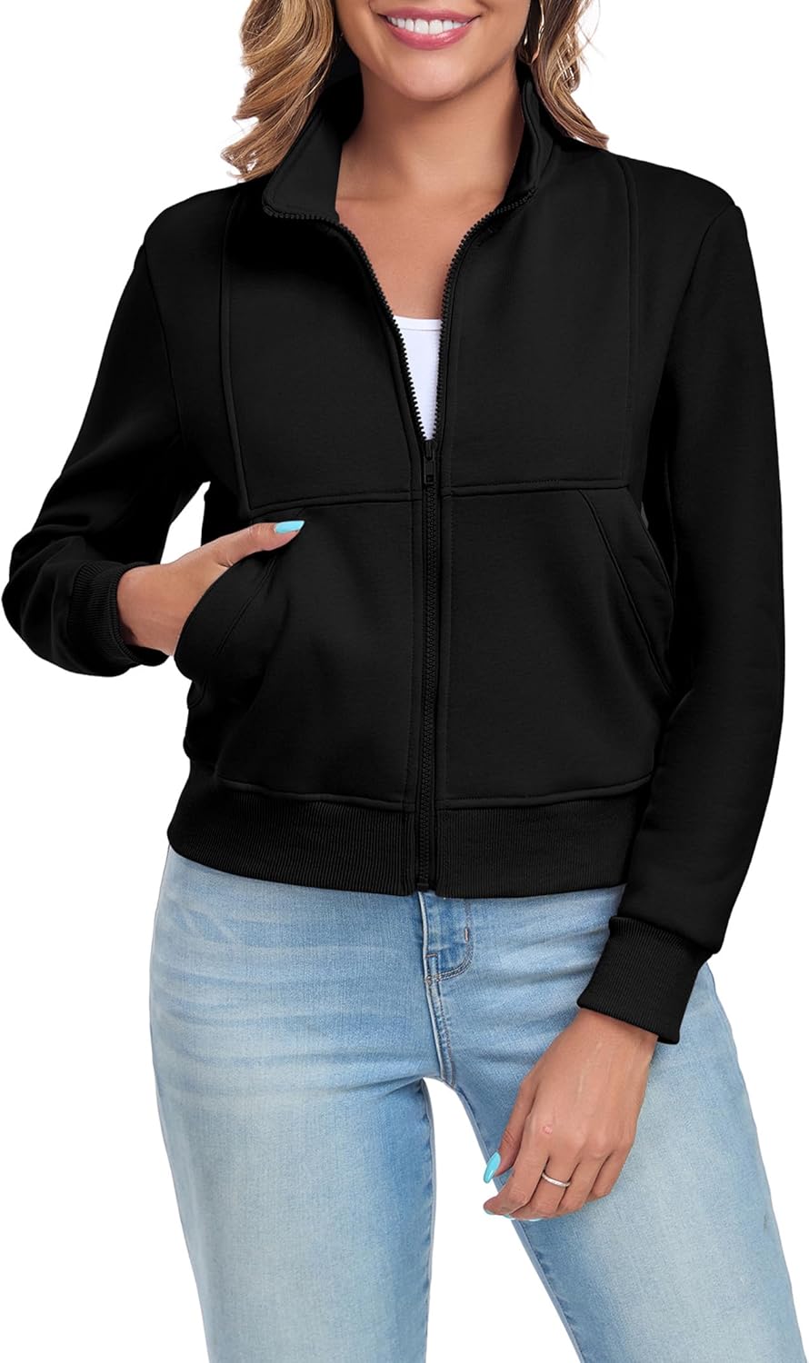 Women's Full Zip Up Sweatshirts Fleece Jackets Stand Collar Long Sleeve Casual Outwear Fuzzy Warm Coat with Pocket