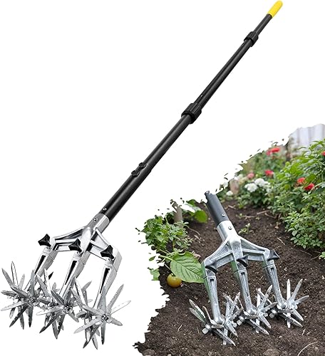 Colwelt Herramienta de jardín cultivadora rotativa de 61 pulgadas, herramienta de jardín manual con púas de aluminio desmontables, cultivadores para
