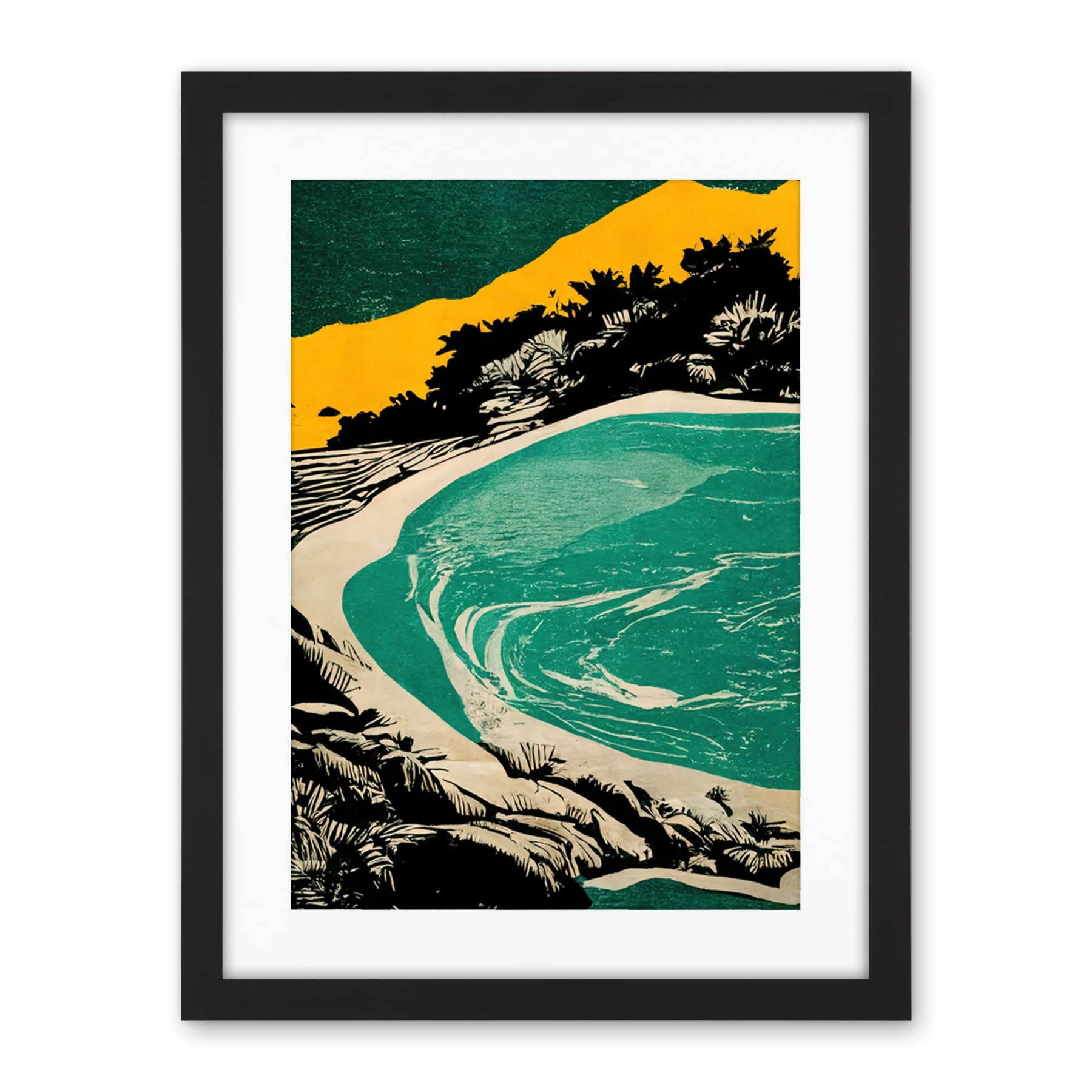 Wee Blue Coo Beach Lagoon Abstract Marbled Seascape Mustard Teal Artwork Framed Wall Art Print 18X24 Inch