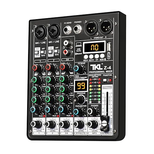 TKLBLS 4 Channel Audio Mixer, Professional DJ Mixer Sound Board Mixing Console with 99-Bit DSP Effect, Bluetooth USB Interface Stereo Mixer Board with 48V Phantom Power For Recording Live Stream