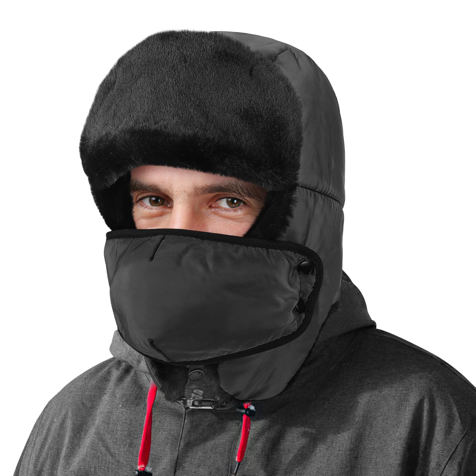 Winter Trapper Hat for Men - 3-in-1 Warm Windproof Hat with Ear Flaps & Removable Mask, Cold Weather Russian Hat Ushanka Hat