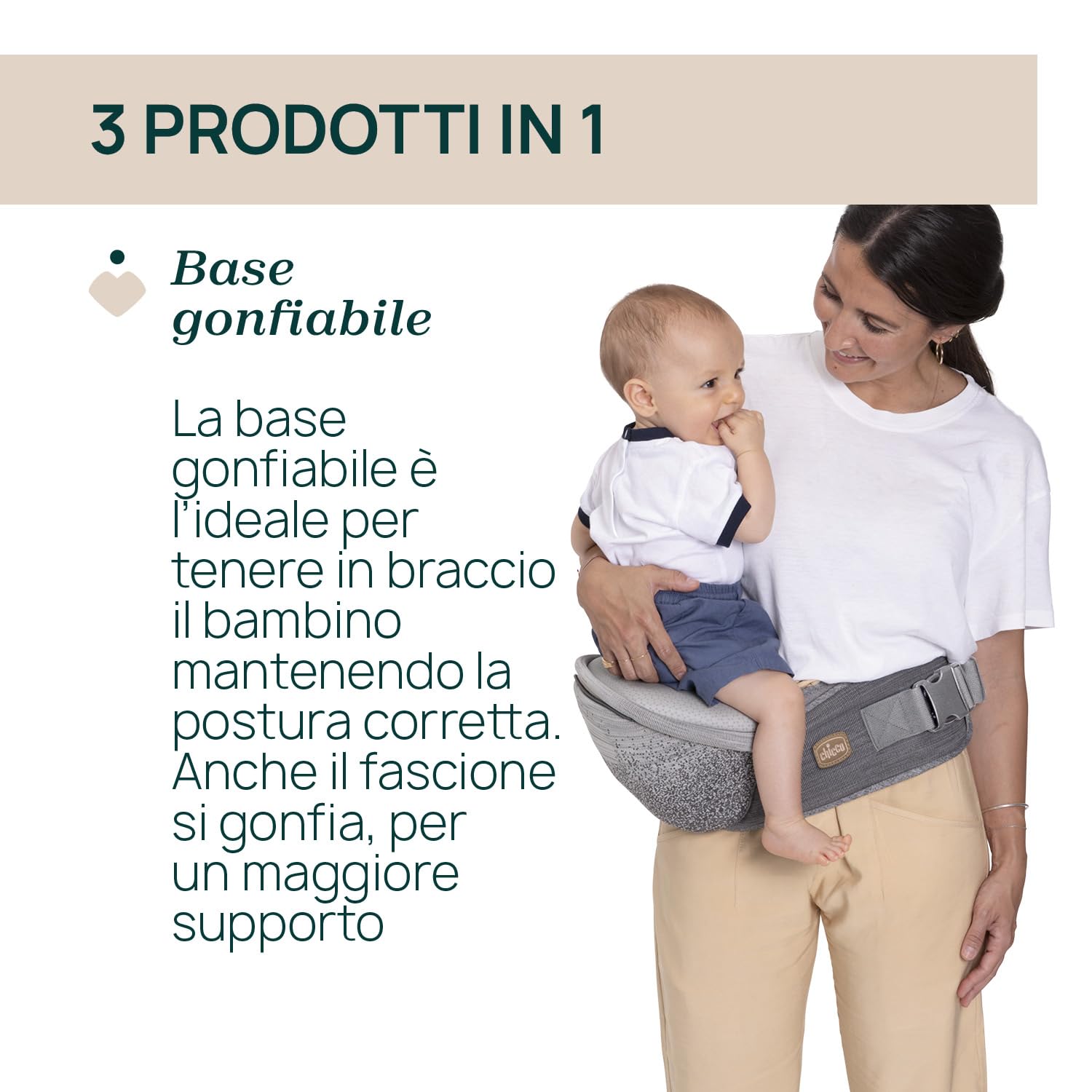Chicco Airy Hip Fit Marsupio Ergonomico 3-in-1 | Tessuto Traspirante 3D Flyknit, Supporto Base Removibile per Distribuzione Peso | Posizioni Multiple: Fronte Mamma, Fronte Strada e Zaino | 0-15kg