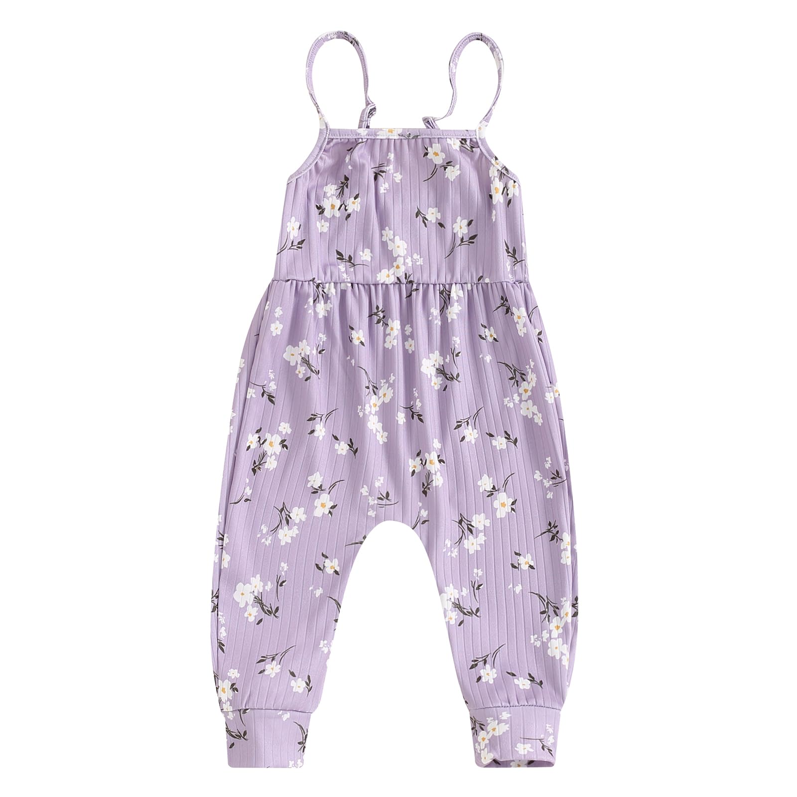 Ledy Champswiin Toddler Baby Girl Clothes Floral Suspender Jumpsuit Pants Overalls Summer Sleeveless Outfit (Purple, 18-24 Months)