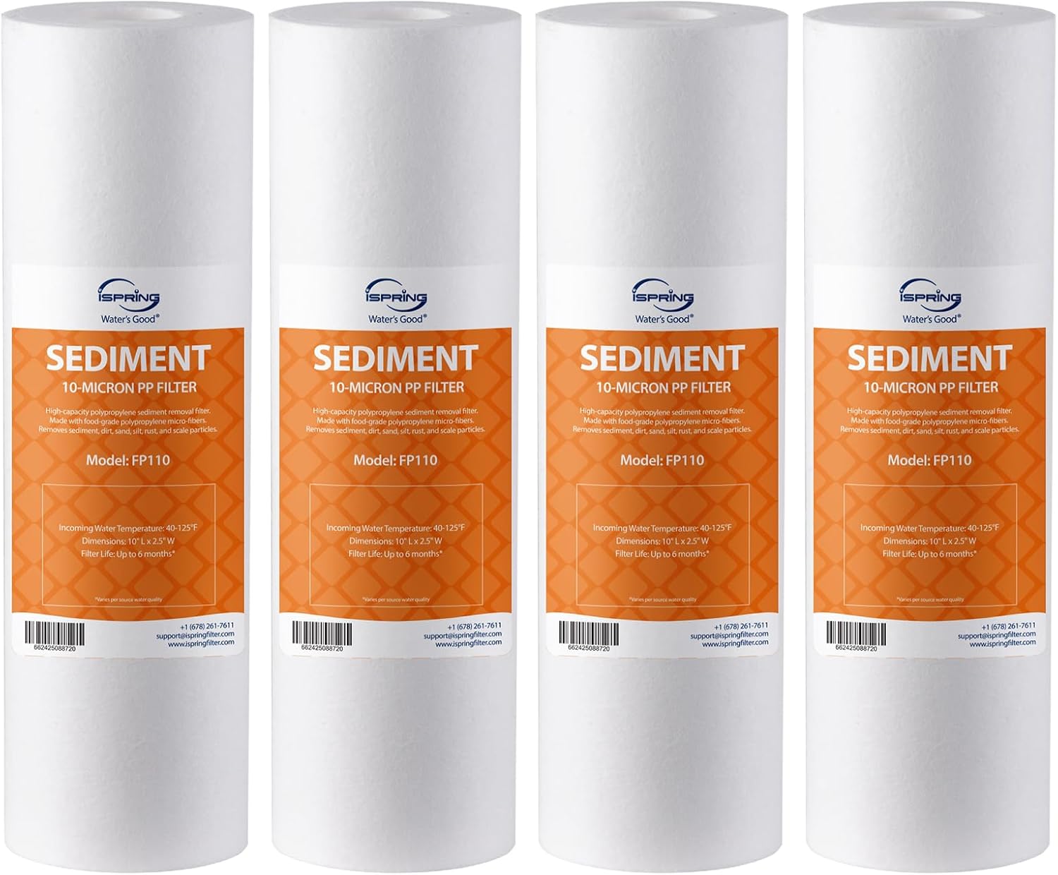 iSpring FP110X4 10"x2.5" Universal Sediment Water Filter Replacement Cartridges, 10 Micron Multi-layer Sediment Filter, 4 Pack