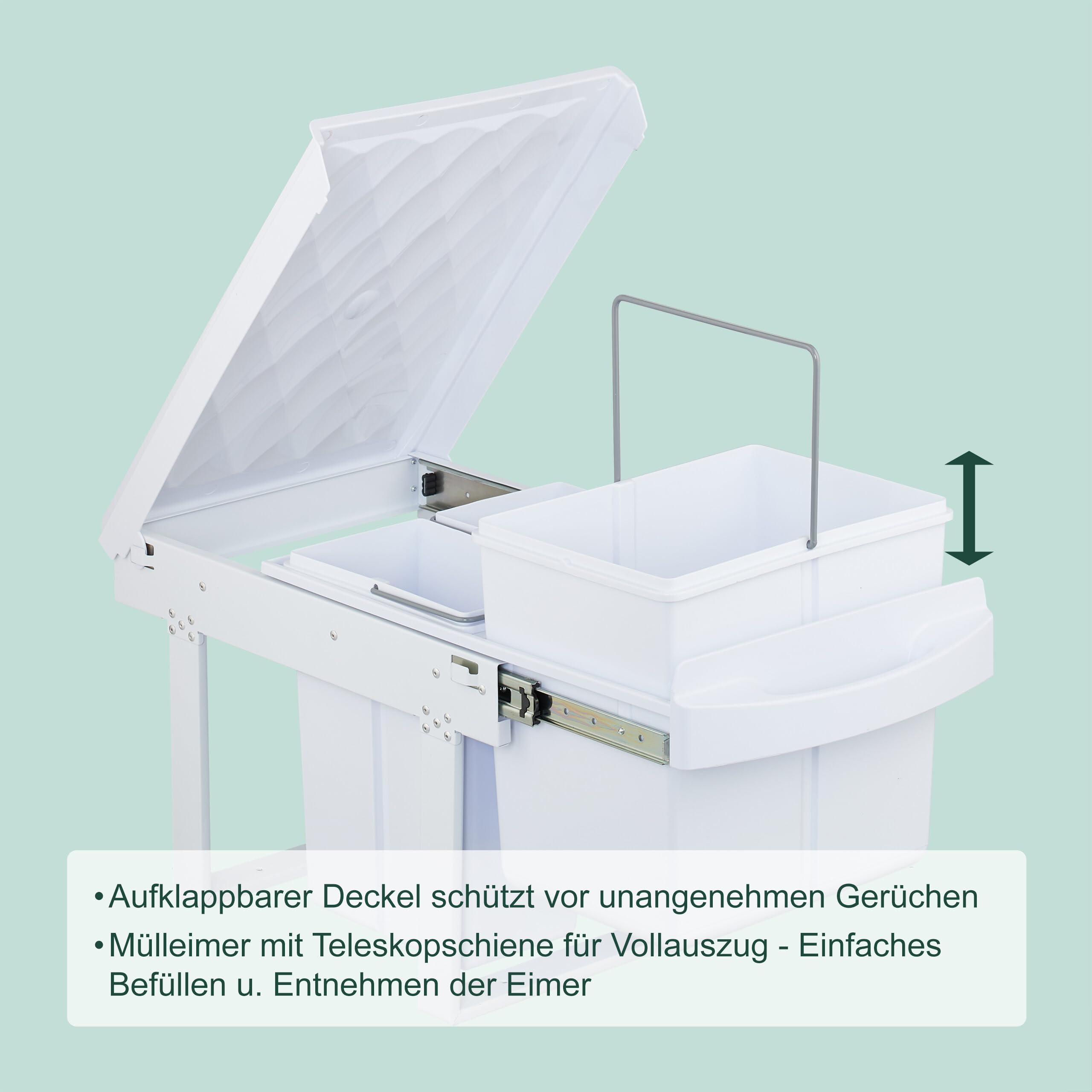Relaxdays Einbaumülleimer, 2 Fächer, 2X 20 l, HxBxT: 41,3 x 34 x 51,8 cm, ausziehbar, Müllsystem Unterschrank, weiß
