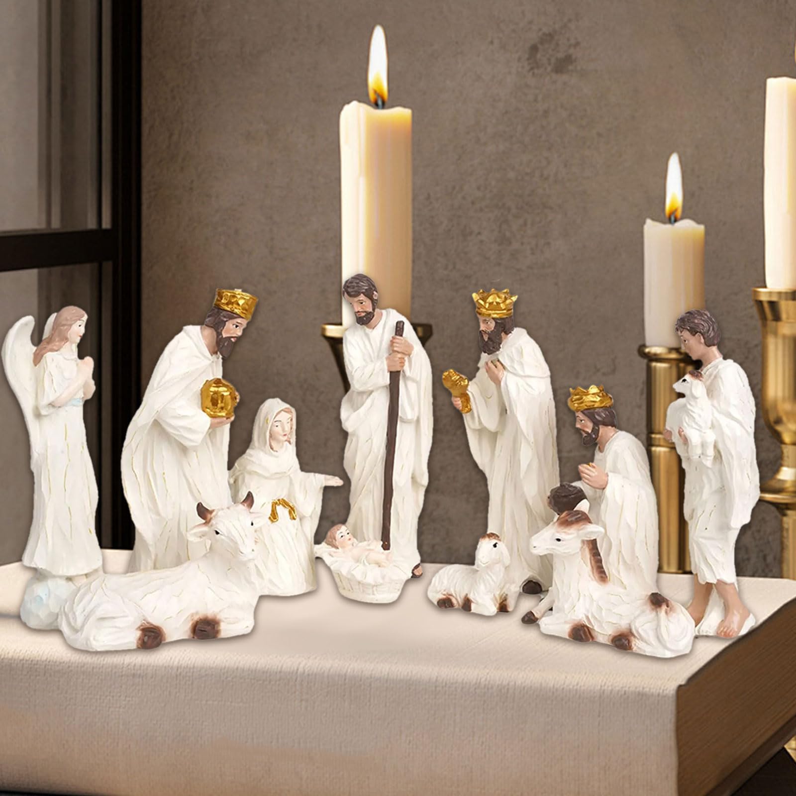 Statua in resina per presepe della Sacra Famiglia, ornamento natalizio da tavolo con stalla e mangiatoia per casa, vacanze, presepe natalizio