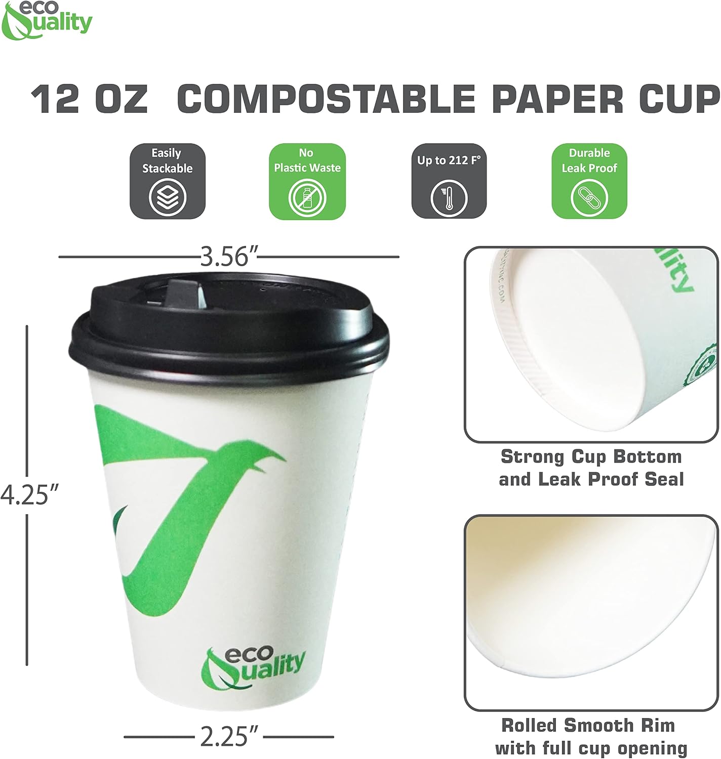 12 oz Compostable Paper Cups with Black Dome Lids - Biodegradable Disposable White Paper Coffee Cups PLA Lined - Eco-friendly Hot and Cold Drinking Cups (25)