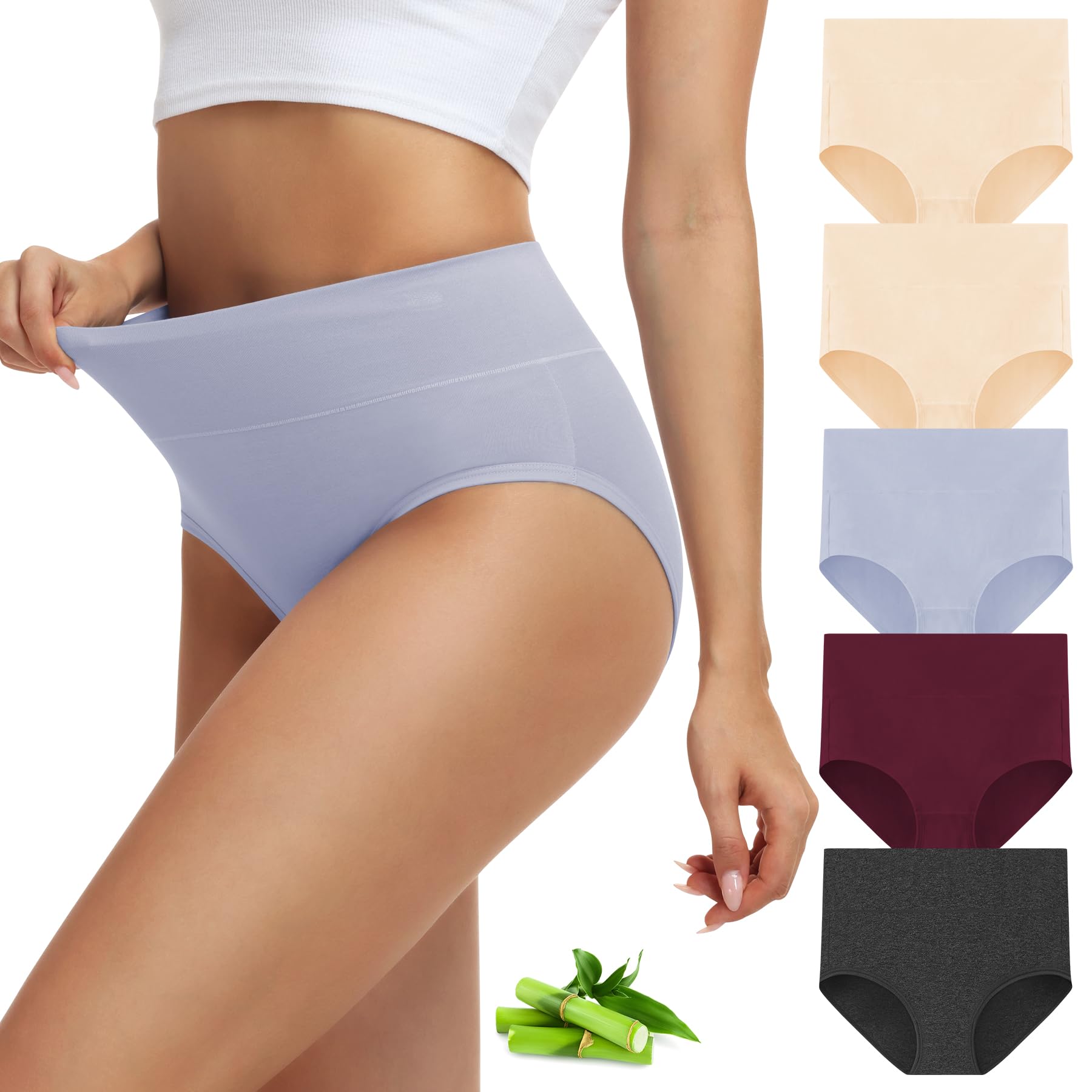 FALARY Bambus Unterhosen Damen Hohe Taille,Seidenweich und Weichheit Unterwäsche Frauen,Atmungsaktiv Stretch Panties, Bauchweg Leicht Slip 5 Pack