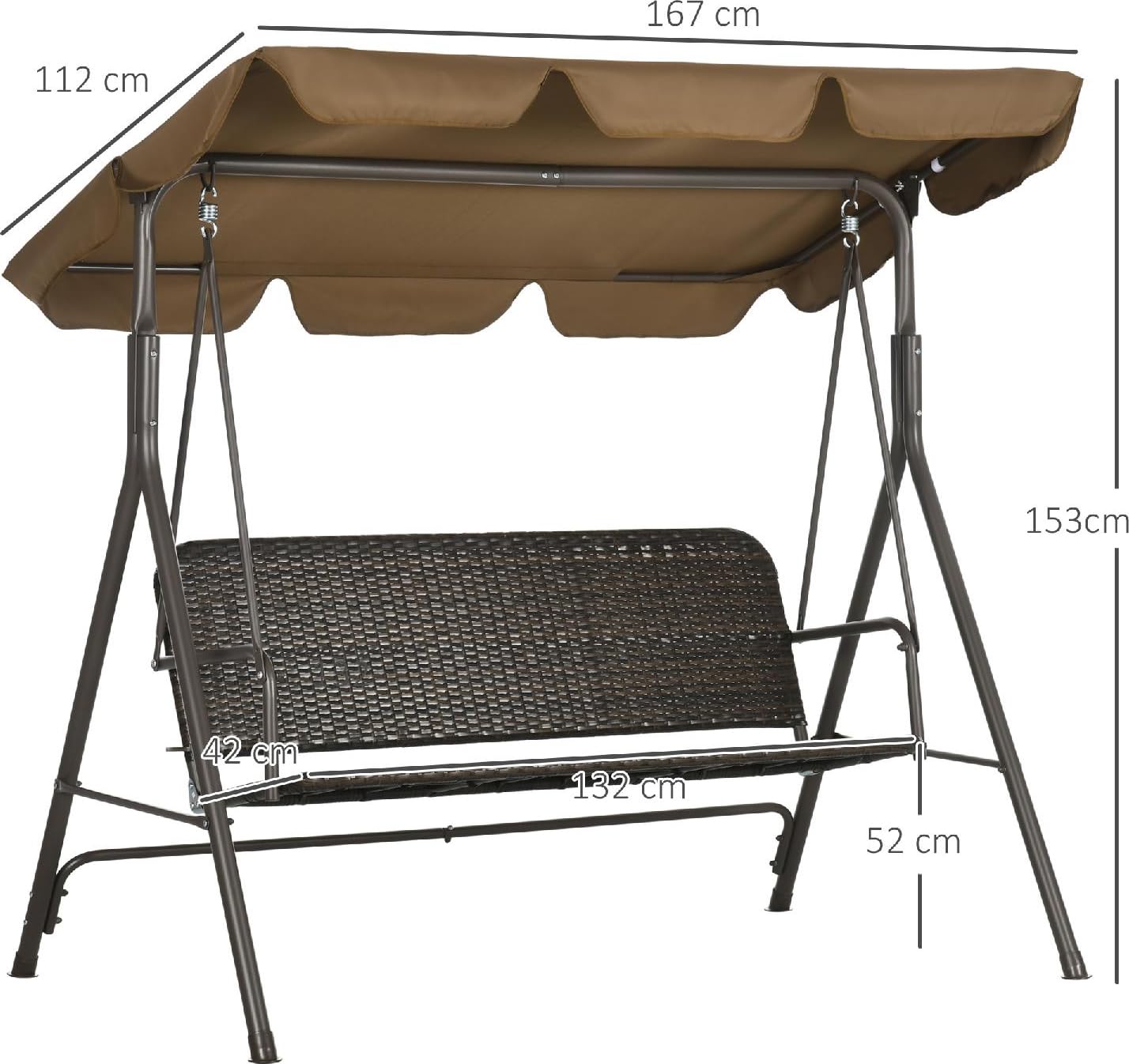 Dondolo da Giardino 3 Posti con Tettuccio Parasole in Acciaio/Rattan PE Dimensioni 167x112x153 cm Colore Marrone