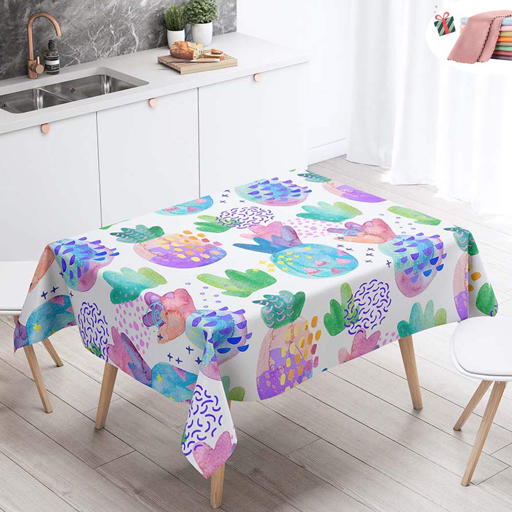 Morbuy Waterproof Table Cloths Rectangle, Stain-Resistant Tablecloth Easy Wipe Square Pineapple Print Oil-Proof Table Cover for Kitchen Dining Garden Party Decorative (Rainbow Cactus,100x140cm)