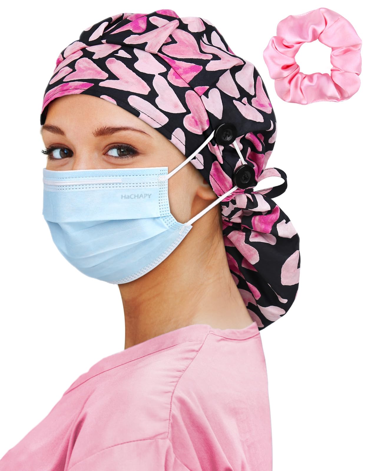 Satin Lined Scrub Cap for Women Extra Large Long Hair Surgical Nurse Cap 4 Buttons