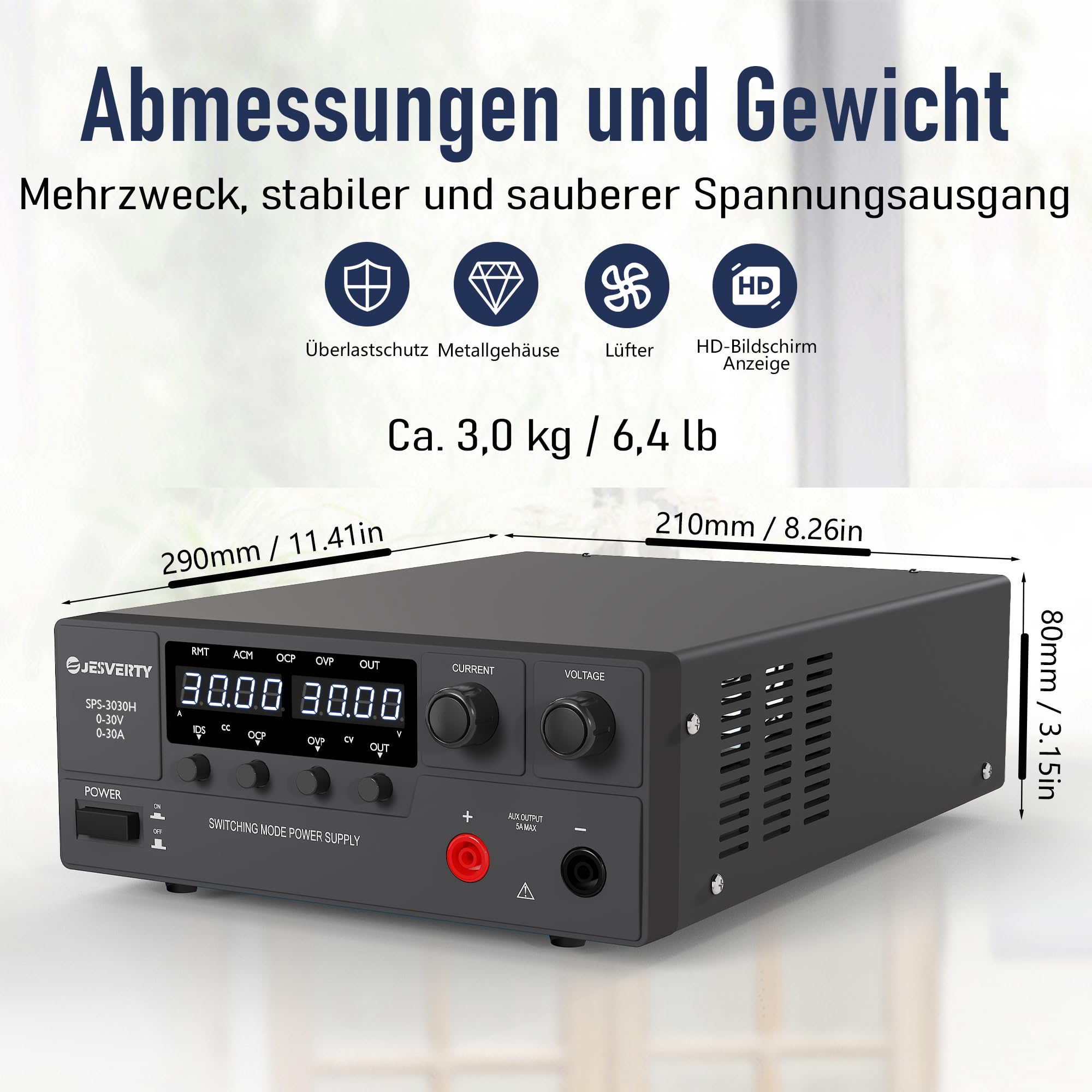 Labornetzteil, Jesverty DC-Netzteil Variabel, 0–30V 0–30A 900W Schaltnetzteil mit Encoder-Knopf, Ausgangs-EIN/Aus-Schalter, 4‑stelliger LED-Anzeige, OVP & OCP, Zusatzausgangsanschluss – SPS‑3030H