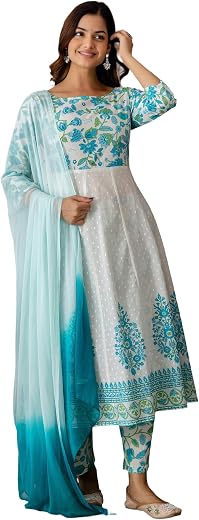 INDO ERA Women's Anarkali Pure Cotton Floral Printed Kurta &amp; Pant with Dupatta Set (IESTR10039)