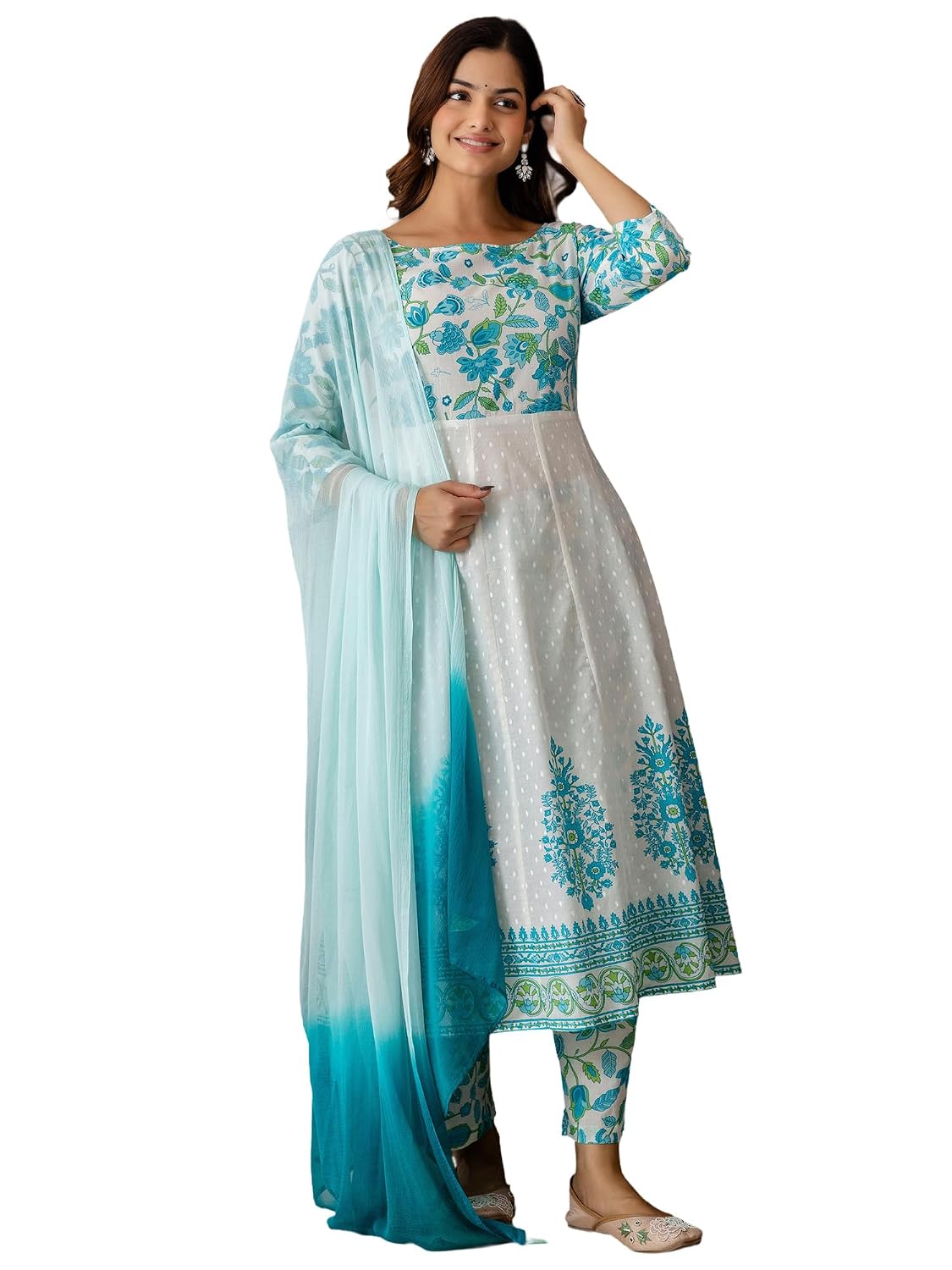 INDO ERA Women's Anarkali Pure Cotton Floral Printed Kurta & Pant with Dupatta Set (IESTR10039) - Review, Price and Buying Guide
