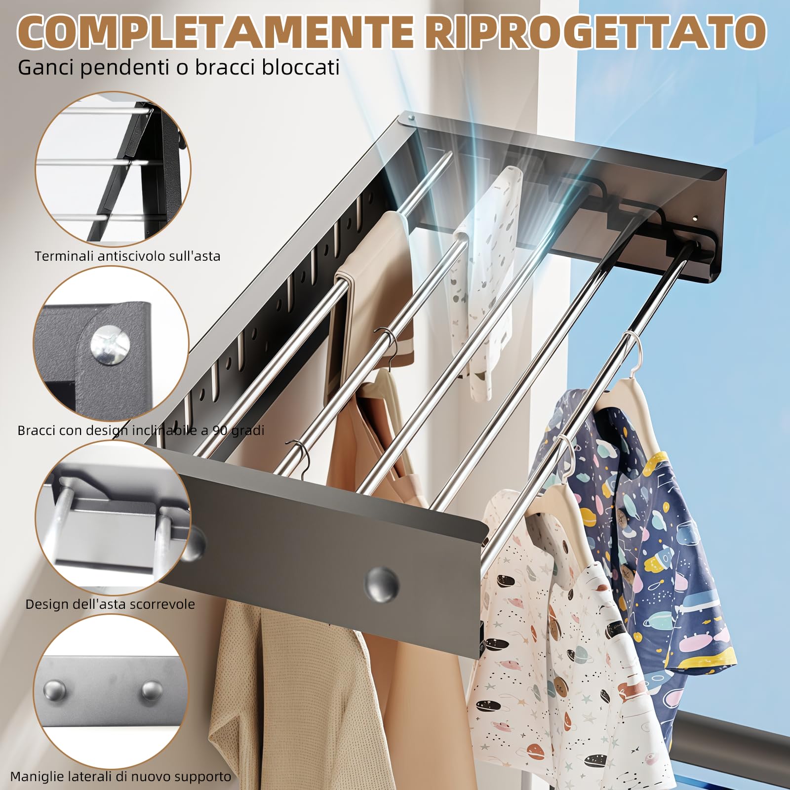 Stendibiancheria da parete in acciaio al carbonio, 60 cm, allungabile con 4 ganci, portata 25 kg, porta asciugamani salvaspazio adatto per balconi, terrazze e bagni (nero)