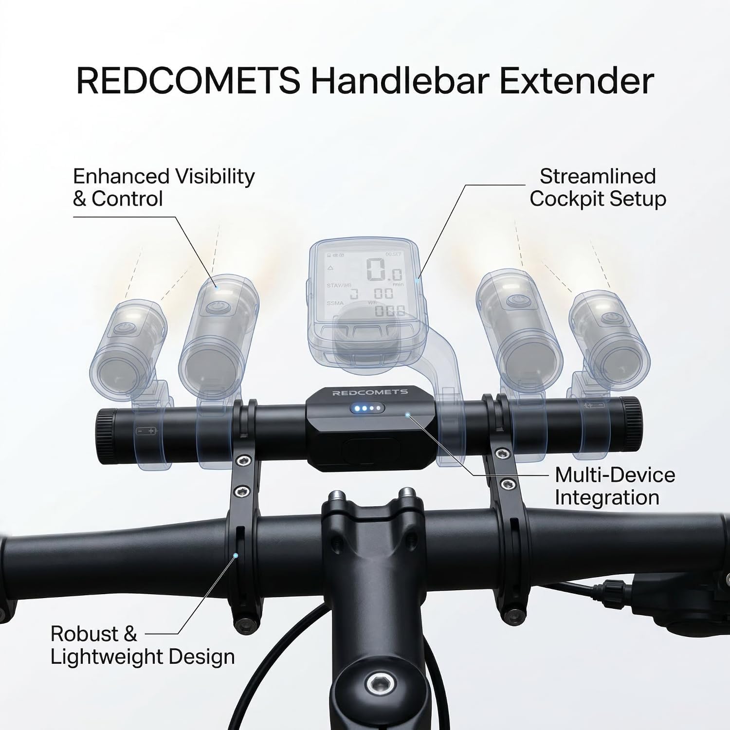 Redcomet Bike Handlebar Extender with Rechargeable Headlight, 800 Lumens USB Bike Light, 9.05" Aluminum Alloy Waterproof Bicycle Extension Bracket Accessories for Bicycle, E-Scooter