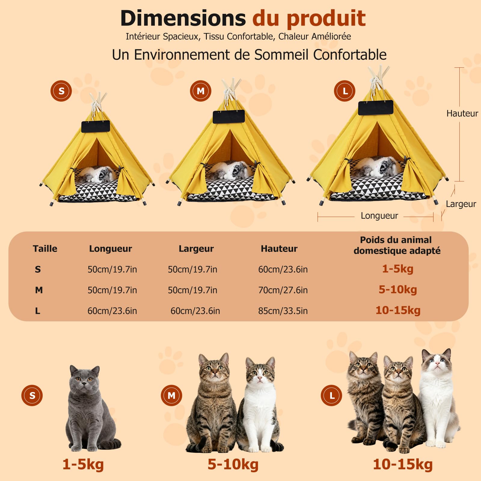 PETCUTE Tente Tipi pour Animaux de Compagnie,Niches pour Chiens avec Coussin Amovible et Lavable,Maisons pour Chat avec Poteaux en Bois,Tente Tipi Portable pour Chiens et Chats,L